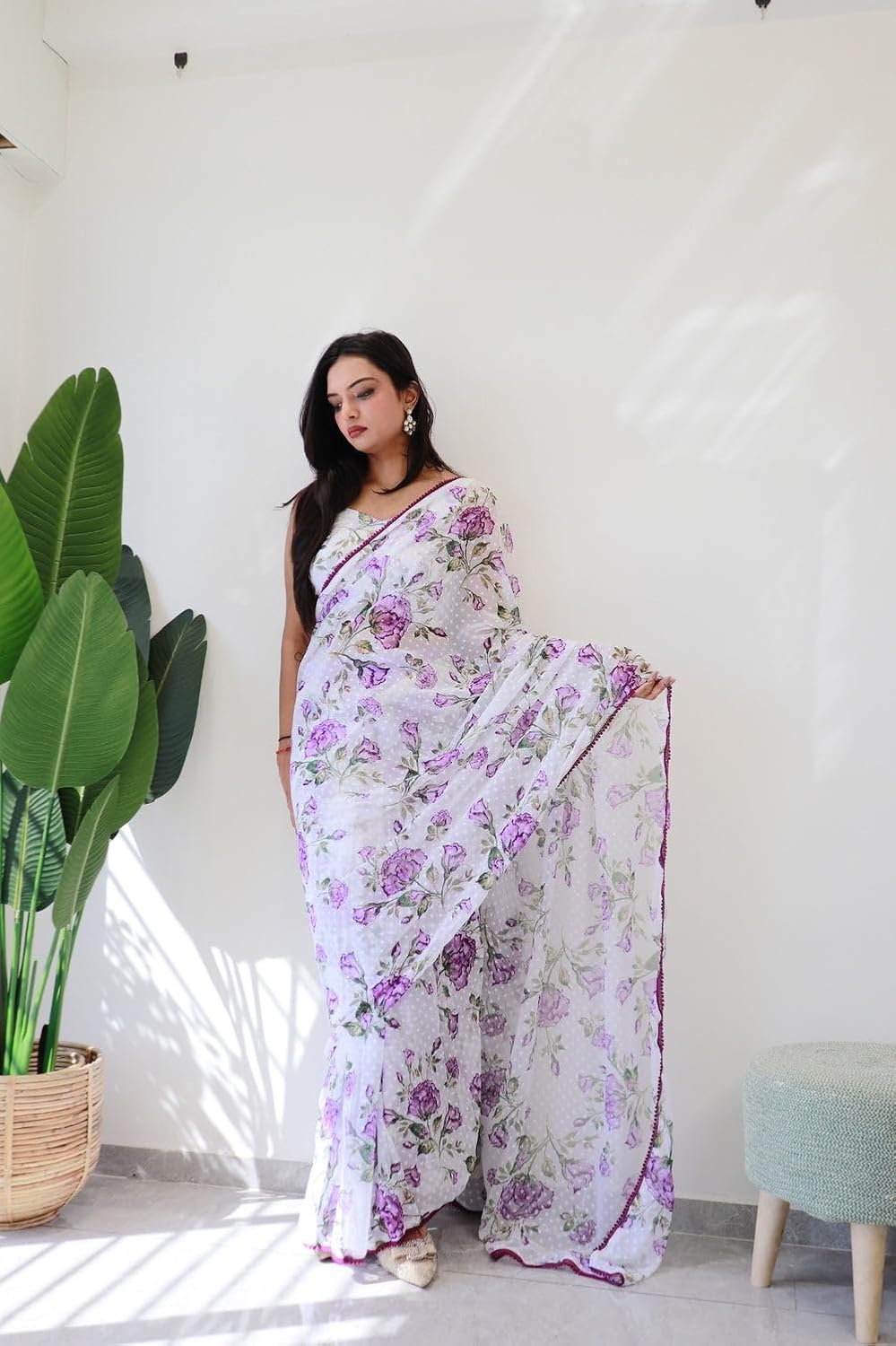 Ready to wear saree one min ready saree Pre draped pre-stitched sari with Unstitched Blouse (Sky White 1)