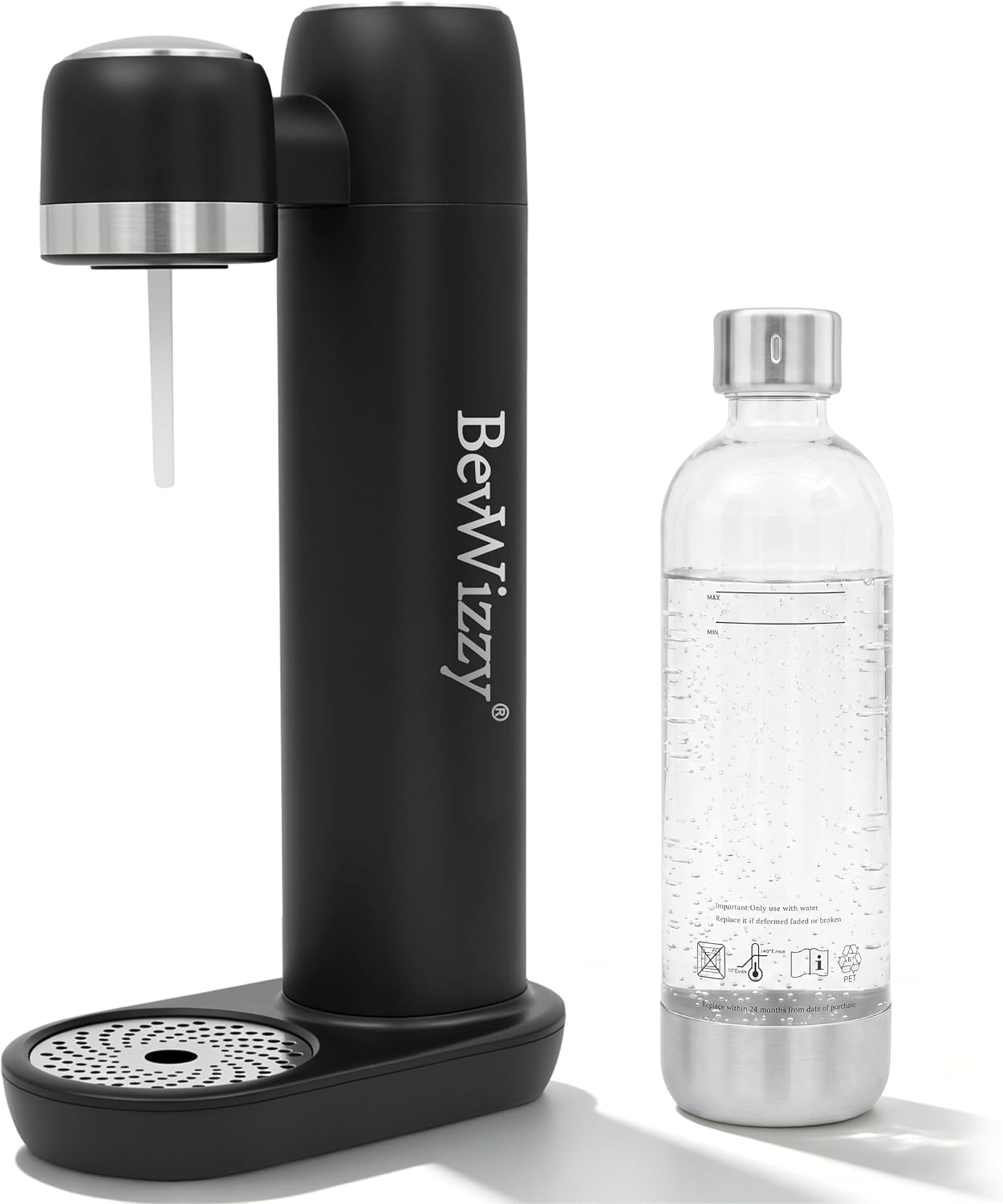 Non-Electric Soda Maker-Creates Seltzer & Fizzy Water for Home Use | Easy to Use & Clean, Diet-Friendly Sparkling Water Maker with Safety Release, 1L PET Bottle, No CO₂ Cylinder Included, Black