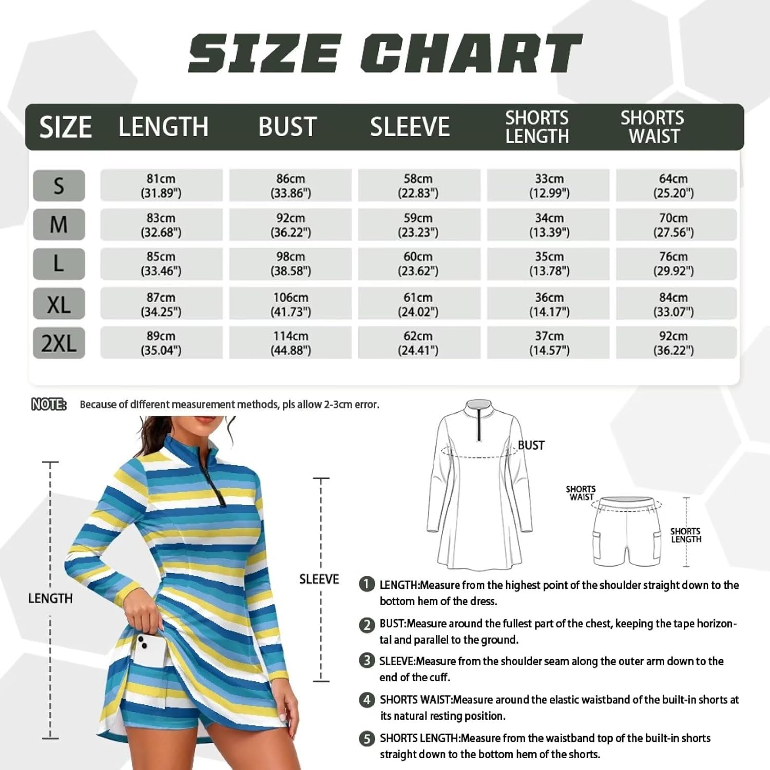 COEQINE Blue White Stripe Tennis Dresses for Women with Shorts Long Sleeve