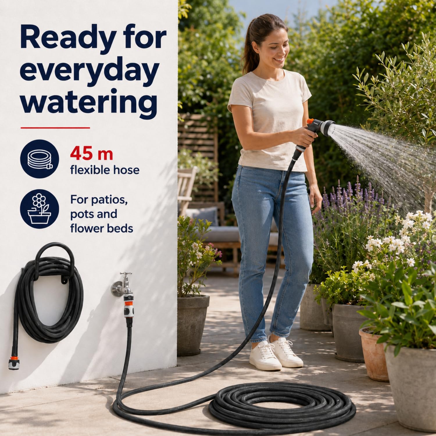 Home It® Gartenschlauch Flexibel 45m | Dehnbarer Flexschlauch mit TPR-Kupplungen | Garten Wasserschlauch mit Hochwertigem Latex im Innenmaterial | Max. 8 Bar Arbeitsdruck