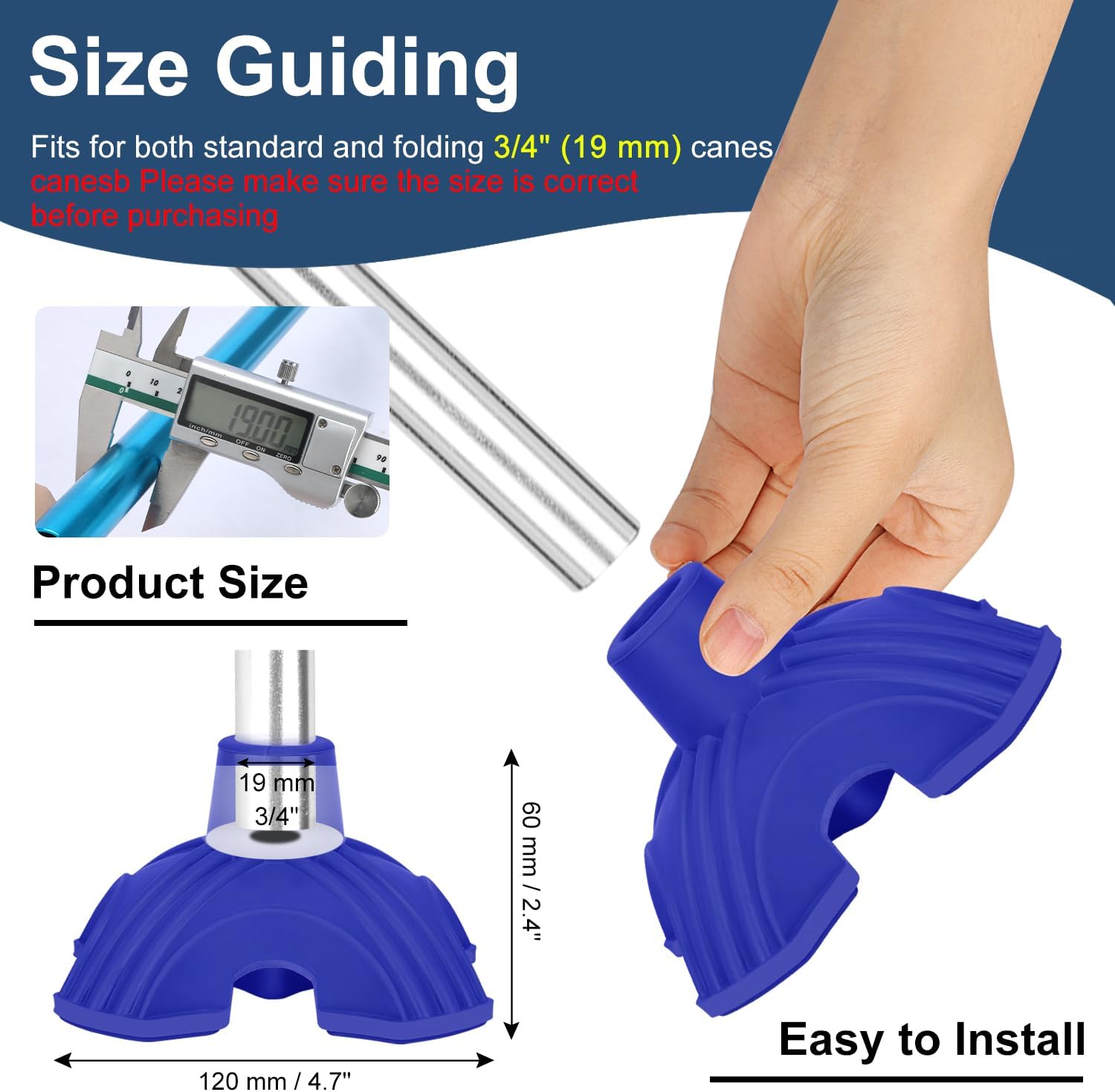 supregear Cane Tips, Self Standing Quad Base Replacement for Walking and Folding Canes, 4 Prong Heavy Duty Rubber Foot Pads for Walking Sticks, 3/4 Inch (19 mm), Blue