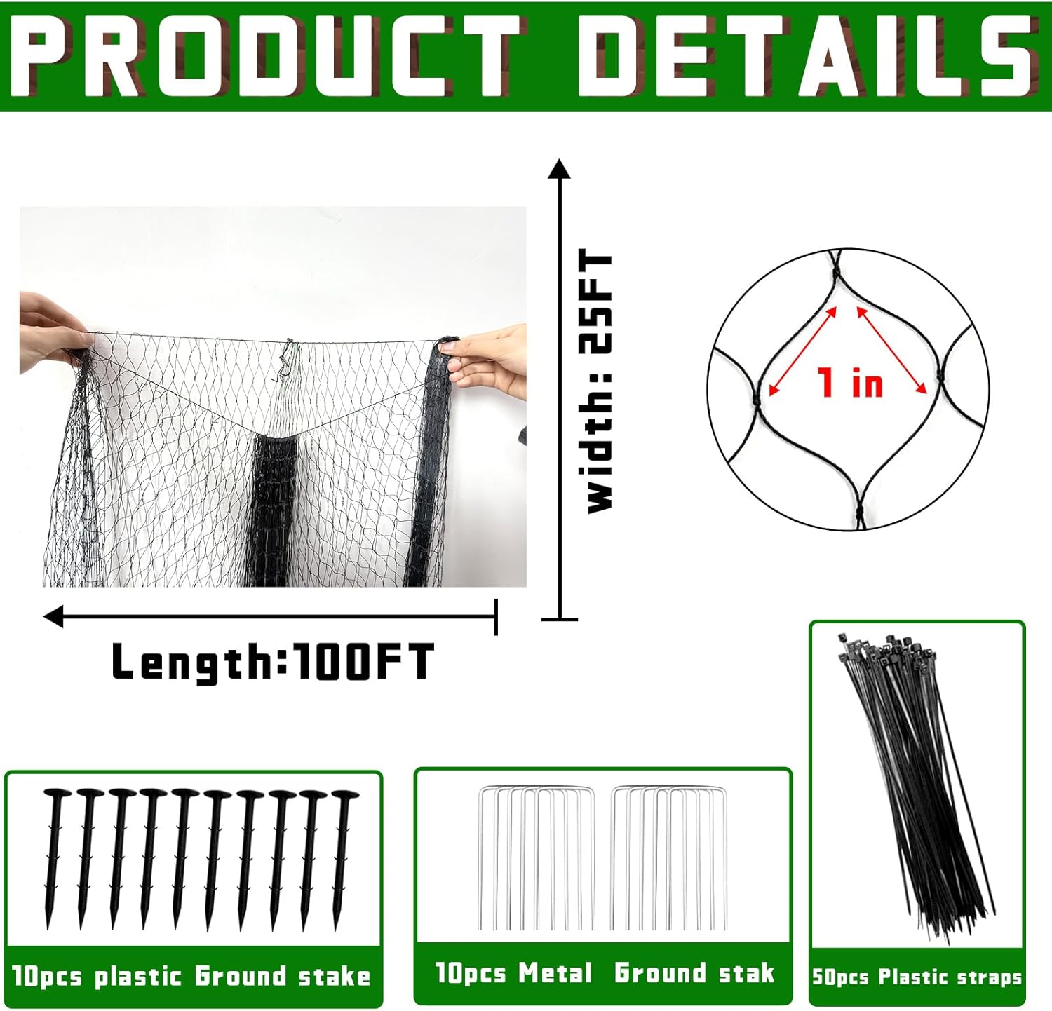 Black Bird Netting for Garden Protection Reusable Heavy Duty Garden Mesh Net Fruit Tree Netting Pest Barrier Bird Fence Protect Fruit Trees Vegetable with Ties and Staples (7' x 100')