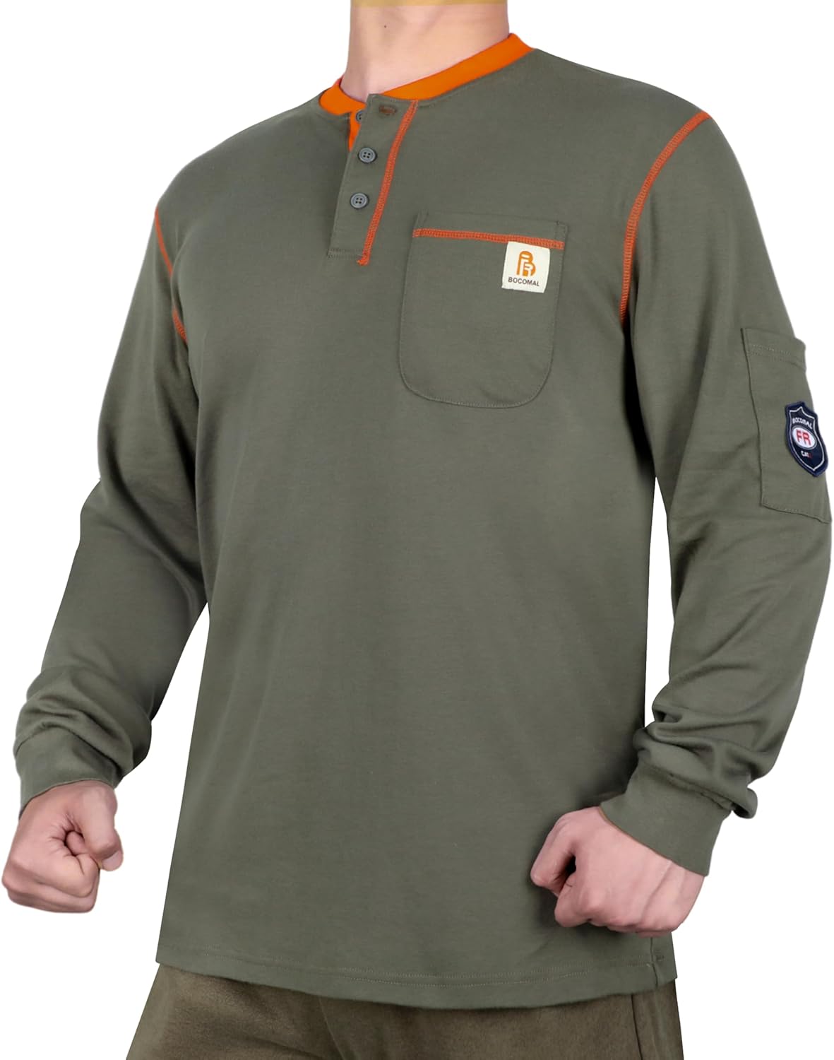 BOCOMAL FR Shirts for Men CAT2 5.5oz Long Sleeve Henley Workwear Flame Resistant Fire Retardant Shirt - Image 2