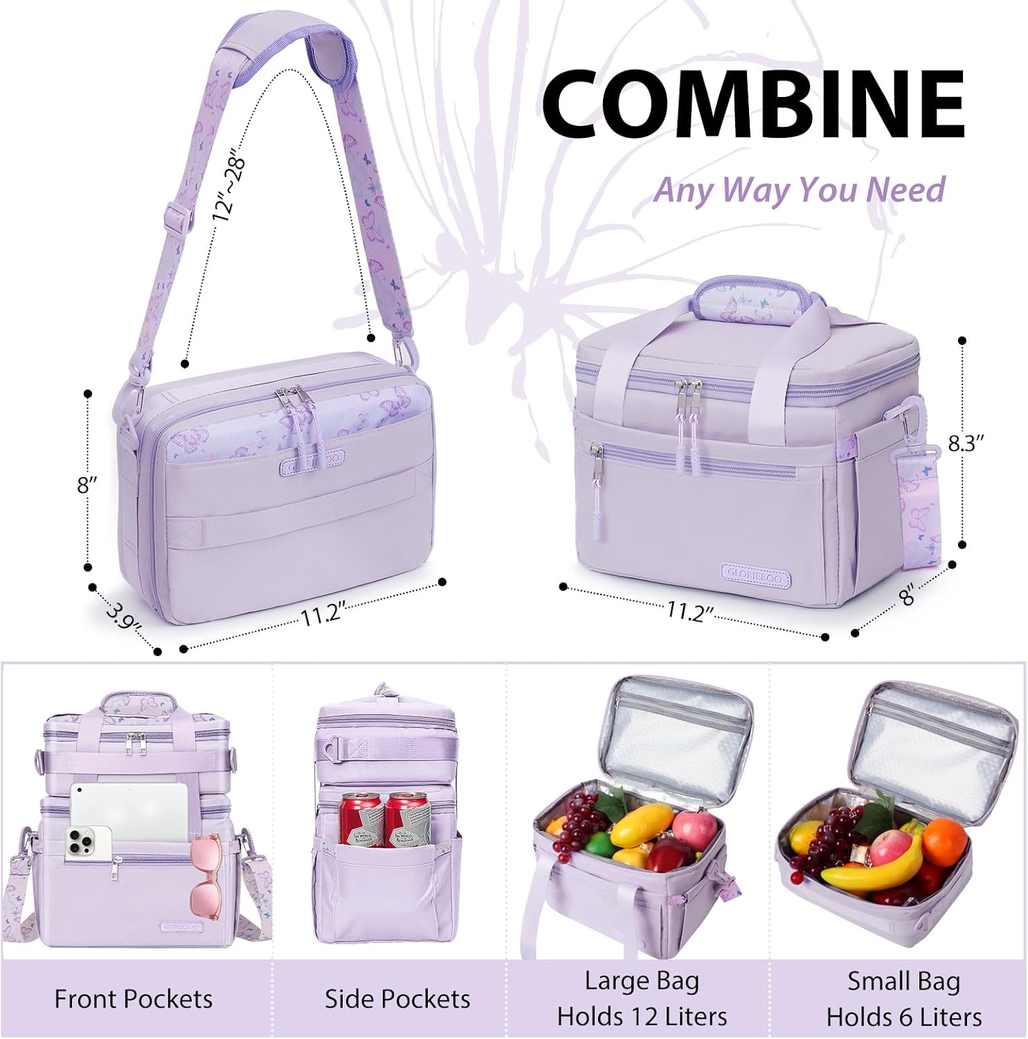 GLORIEROO Large Lunch Box Bag Women - 3 in 1 Large & Small Bags for Separate or Combined Use - Insulated Leak-Proof Cooler for Work Travel Picnic - Christmas Gifts for Women Mom