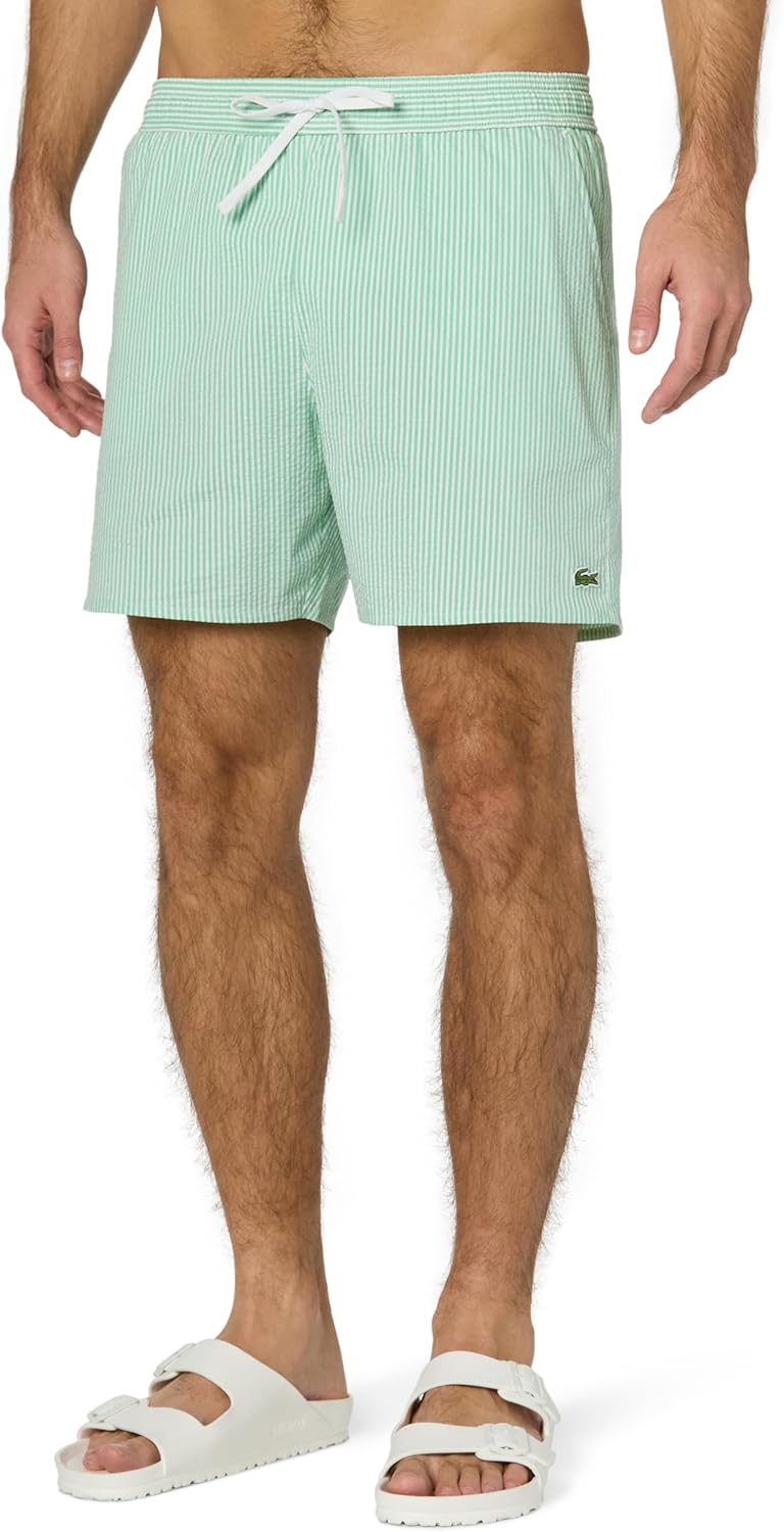 Lacoste Men's Mid Length Striped Textured Swim Trunks