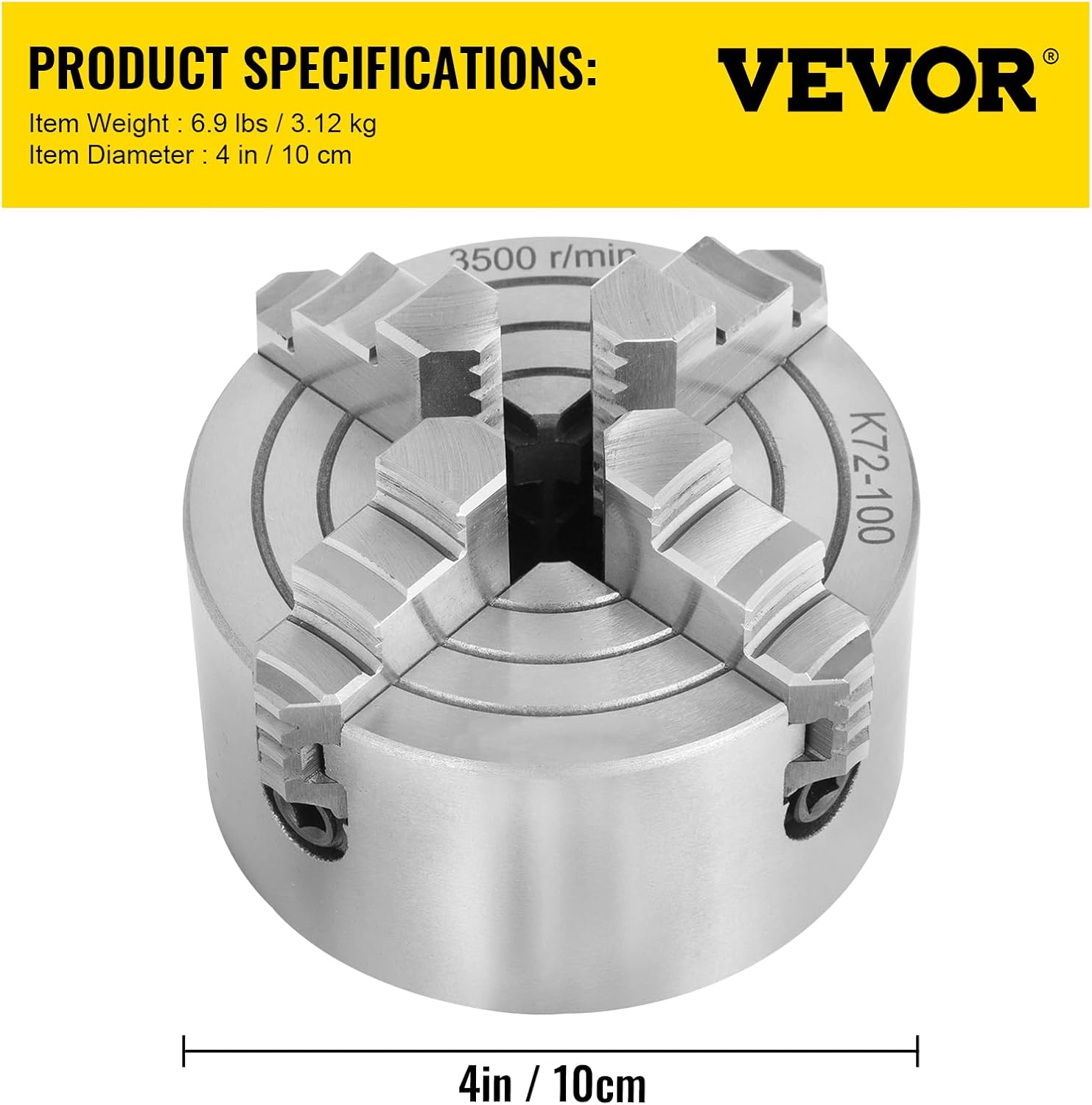 VEVOR K72-100 Lathe Chuck, 4 Inch 4-Jaw, Independent Metal Lathe Chuck with Reversible Jaw, 0.236-1.77 in Internal 1.57-3.93 in External Clamping, Turning Machine Accessories, for Lathes Machine