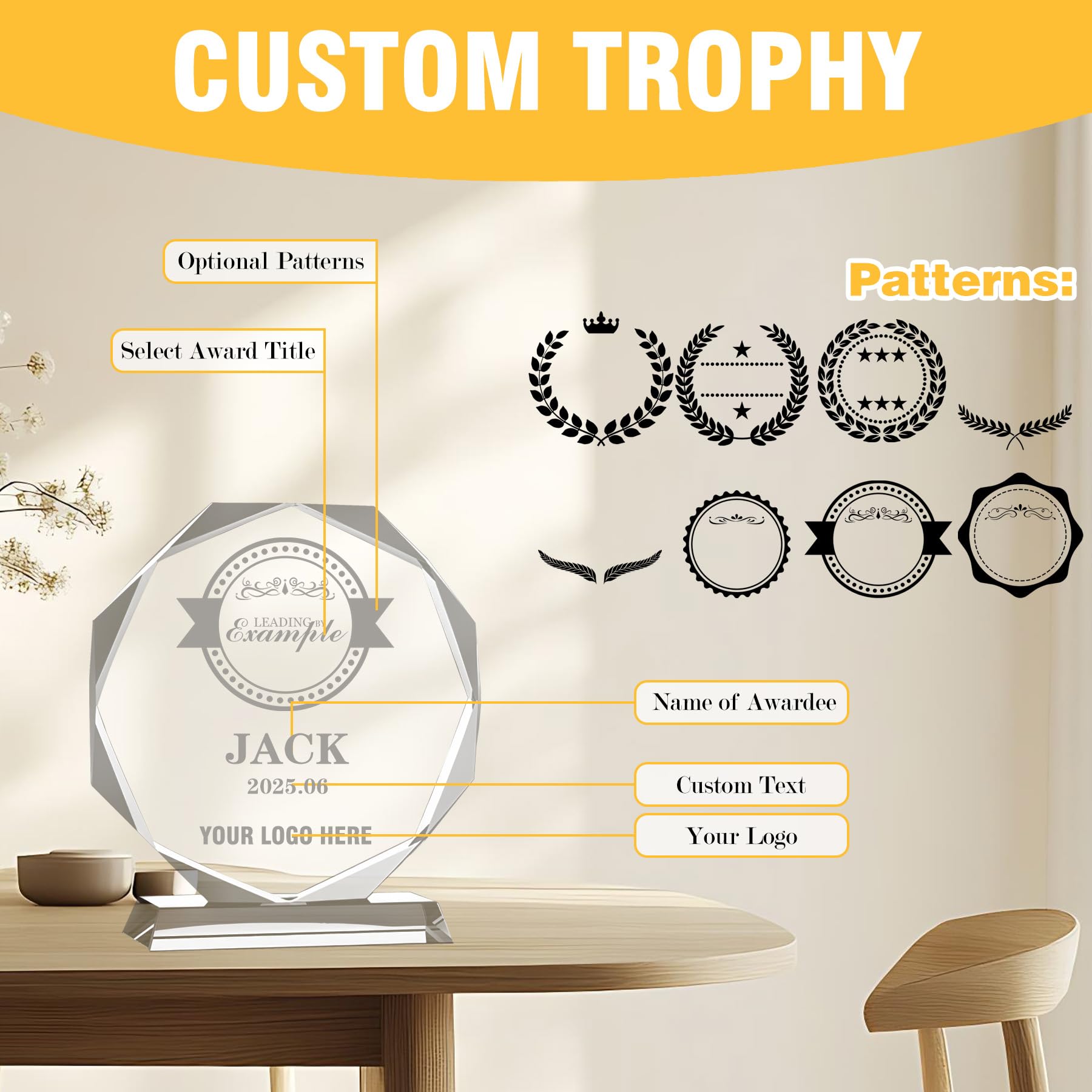 Trofeo de vidrio personalizado grabado con texto y logotipo. Placa
