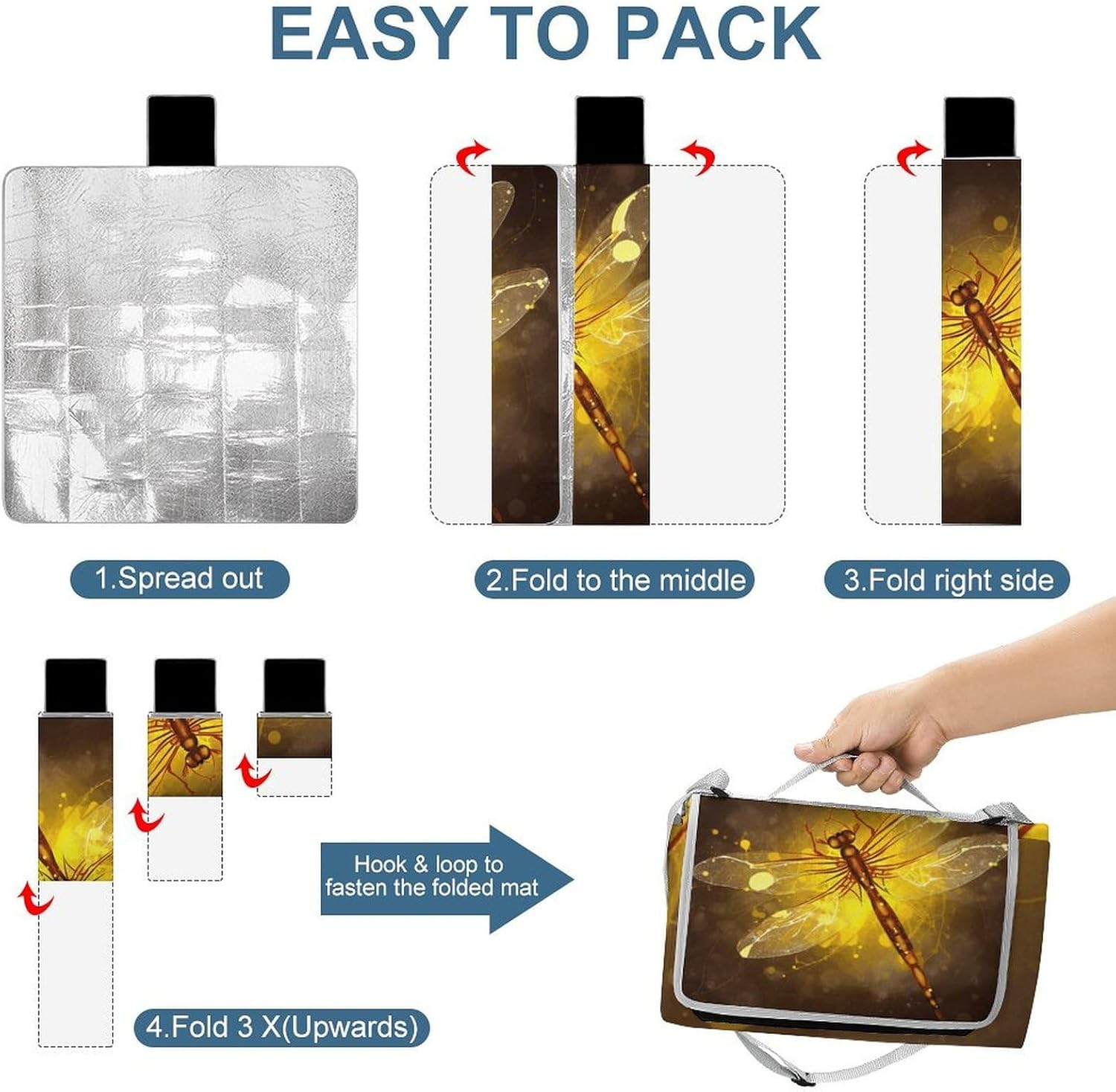 Abstract Yellow Dragonfly Waterproof Picnic Blanket 58.3''x58.3'',Portable and Foldable Picnic Mat with Handle,Outdoor Blankets for Lawn Park Beach Travel