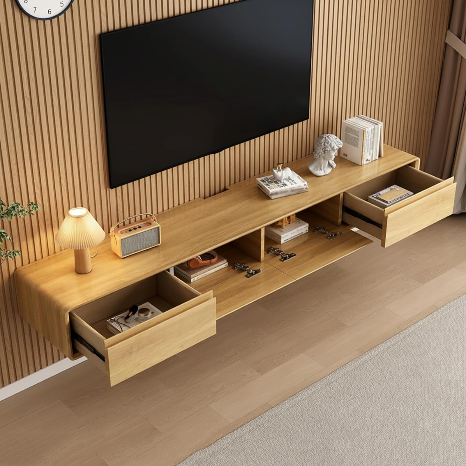 zaqiming Mueble de TV Suspendido con 2 Puerta 2 cajón, 160-240CM Madera Maciza muebele TV para TV para Salón, Dormitorio (Wood Color, 160X24X20CM)