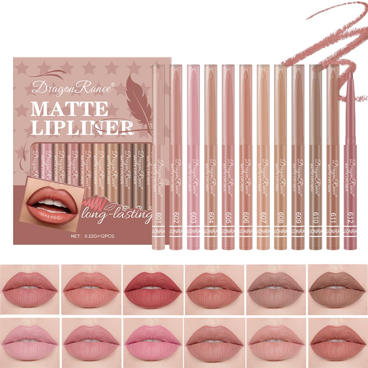 Baorder 12PCS Pink Creamy Matte Lip Liner Pencil Set for Women