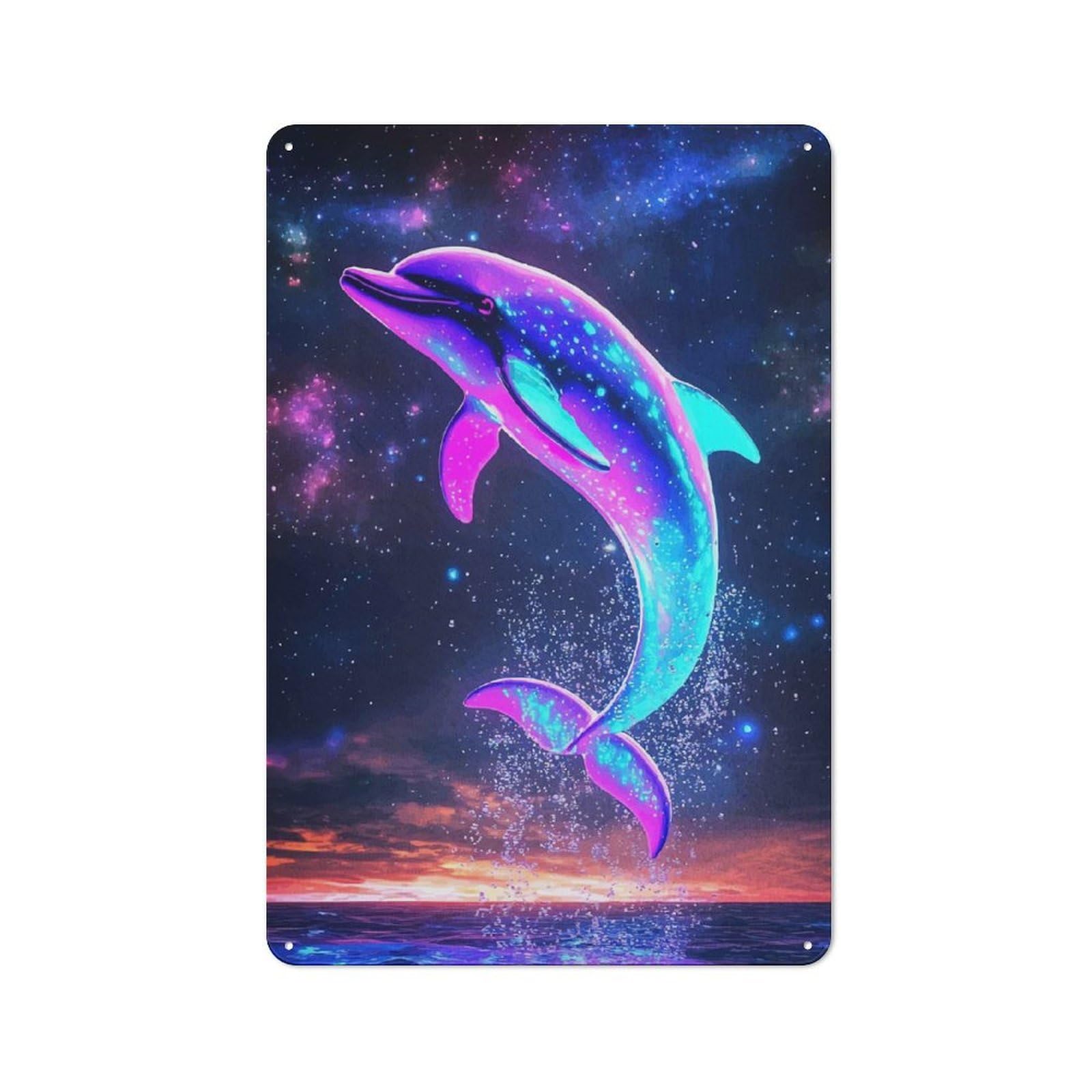 Junmoney Style-8 Metal Sign 30X20cm With Neon Dolphin Leaping Water For Pub Or Café, Vintage Decor, For Metal Sign Collectors, For Garage And Workshop Walls
