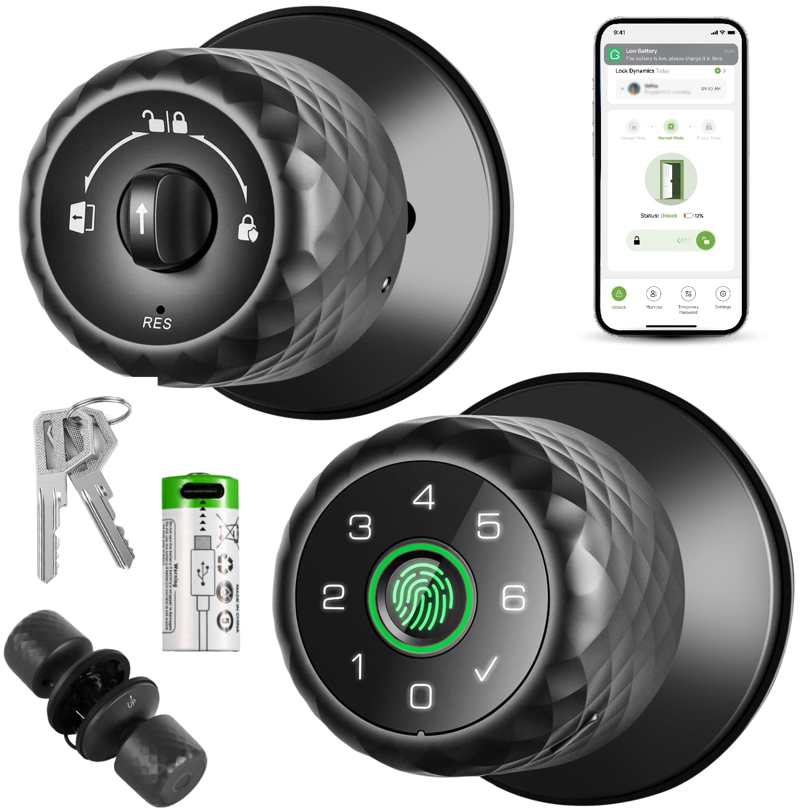 Photo 1 of ??????????? ?????? Door Lock, Smart Biometric Door Knob Support 15M App Control & Auto Lock, 4-in-1 Upgraded Door Lock with 2Keys for Home Office Apartment, Black (Diameter 2.28")