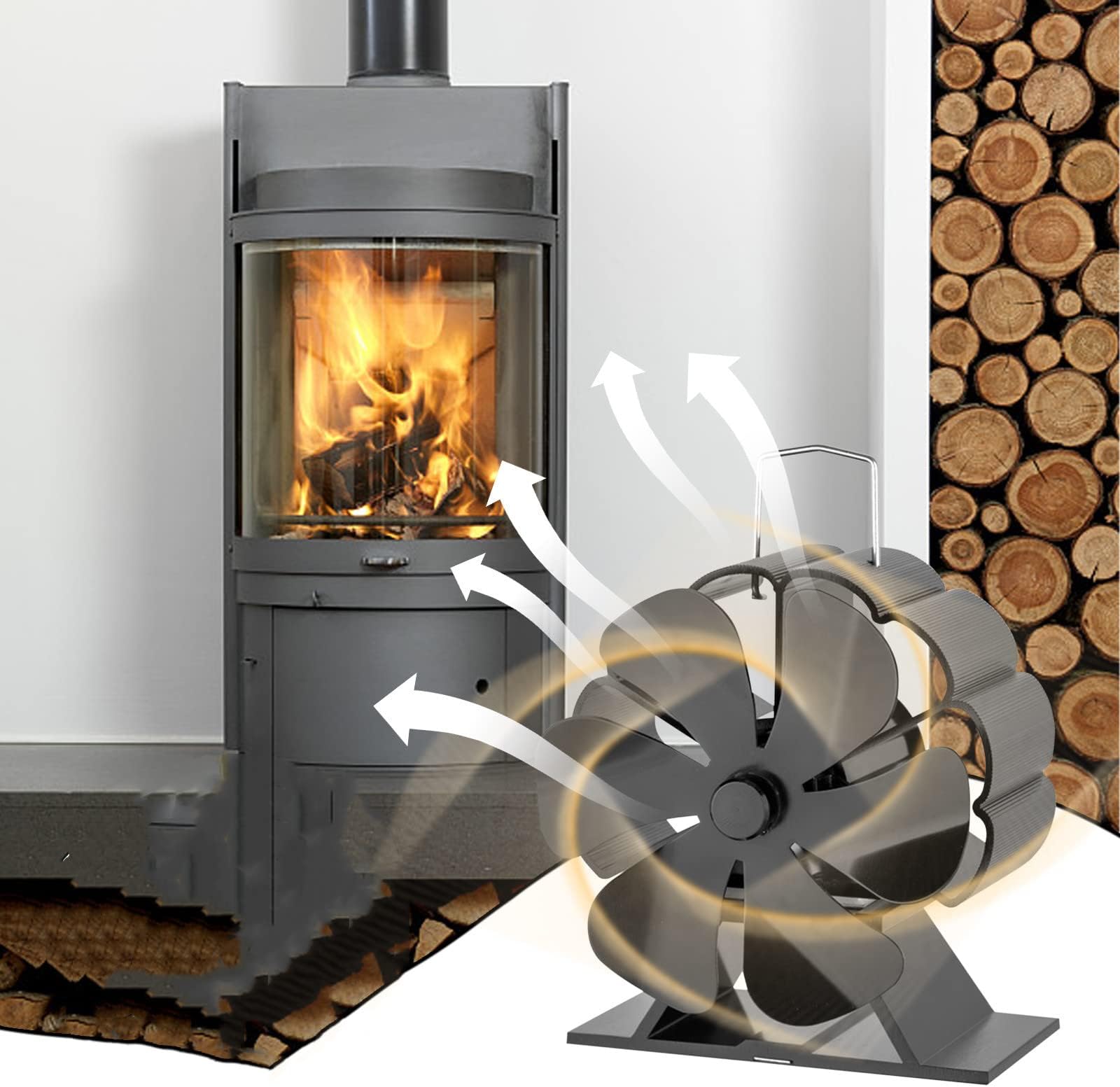 Qonioi 6 Blades Motors Fireplace Fan Wood Stove Fan Heat Powered, for Wood Burning Stove/Pellet/Log Burner, for Home Heat Distribution