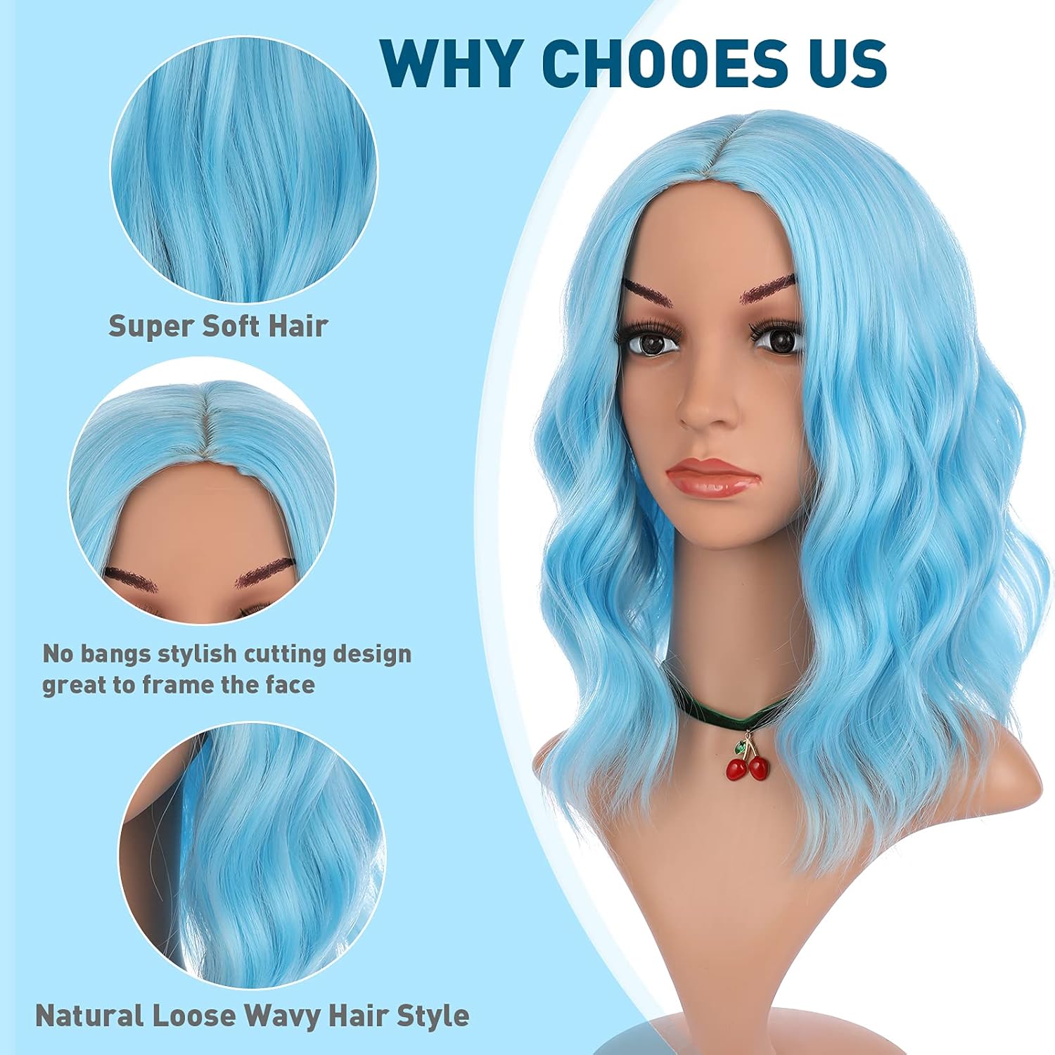 eNilecor Blue Wig, Short Colored Wigs Bob Wig for Women, Natural Wavy Colorful 14 Inch Middle Part Synthetic Wig for Cosplay Party Costume Sky Blue - Image 3