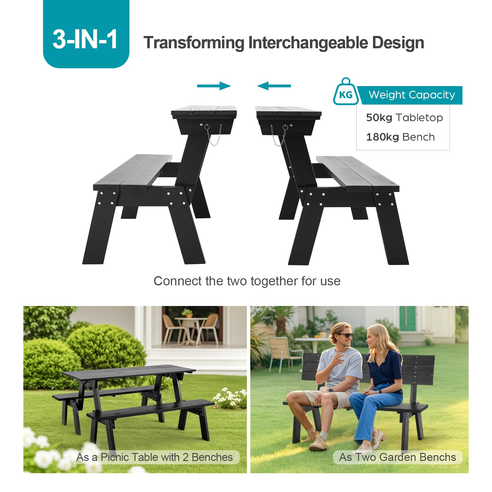 Set tavolo da picnic e panca in legno con telaio convertibile per 6 persone, perfetto per cortile, portico, patio e mobili da giardino
