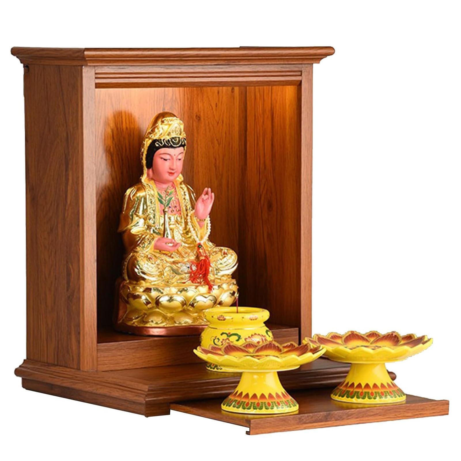 AZQOHMIS Home Temple Buddha Statue Stand, Wooden Buddhist Altar Shelf, Space-Saving Shrine Pet Ashes House Pooja Table, Mandir Small Meditation Table(Brown,51x36x61cm)