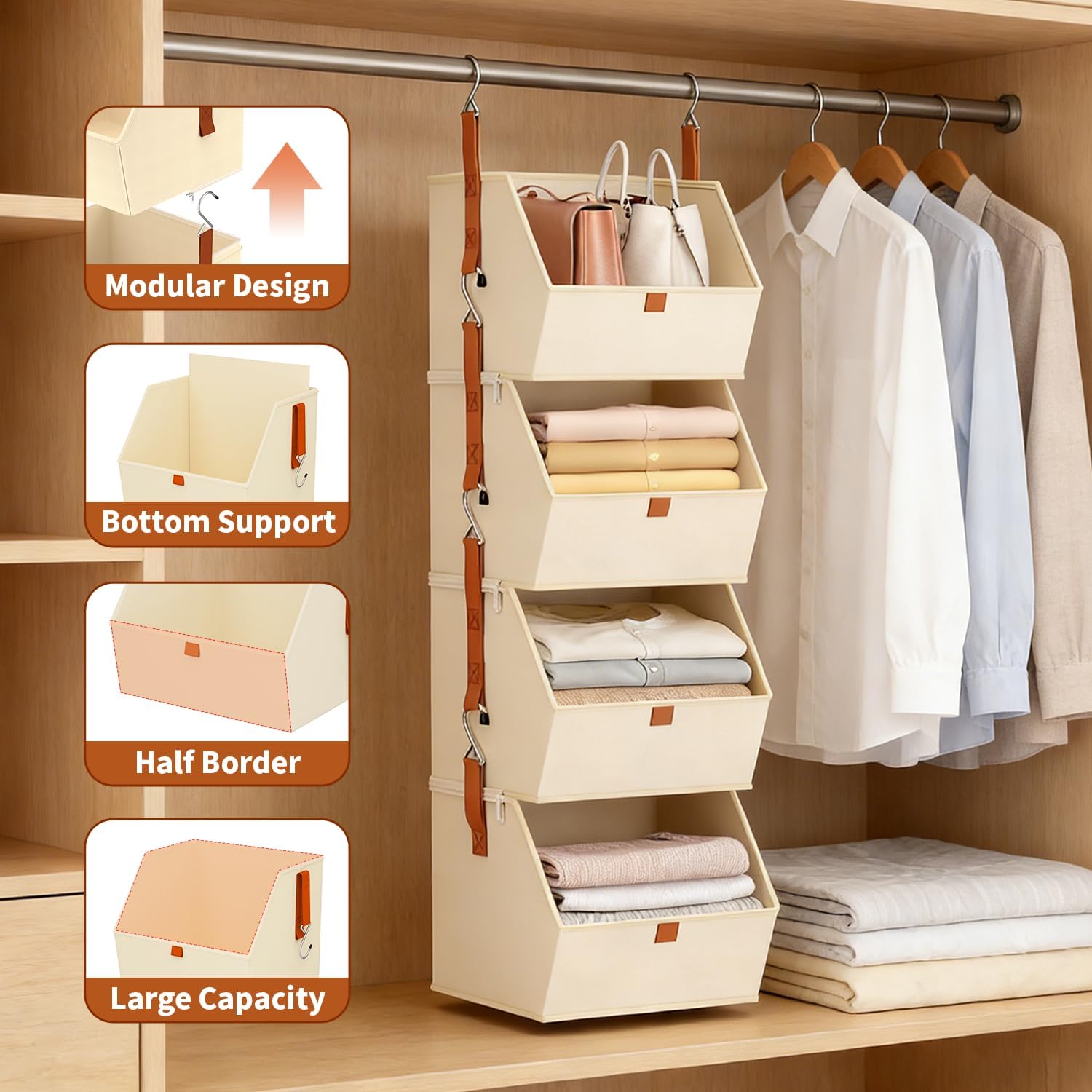 Hanging Closet Organizer 4 Tier, Clothes Hanging Shelves with Foldable Storage Baskets, Space-Saving Closet System for Bedroom, Home, Dorm, RV, Hat, Bags, Shoes