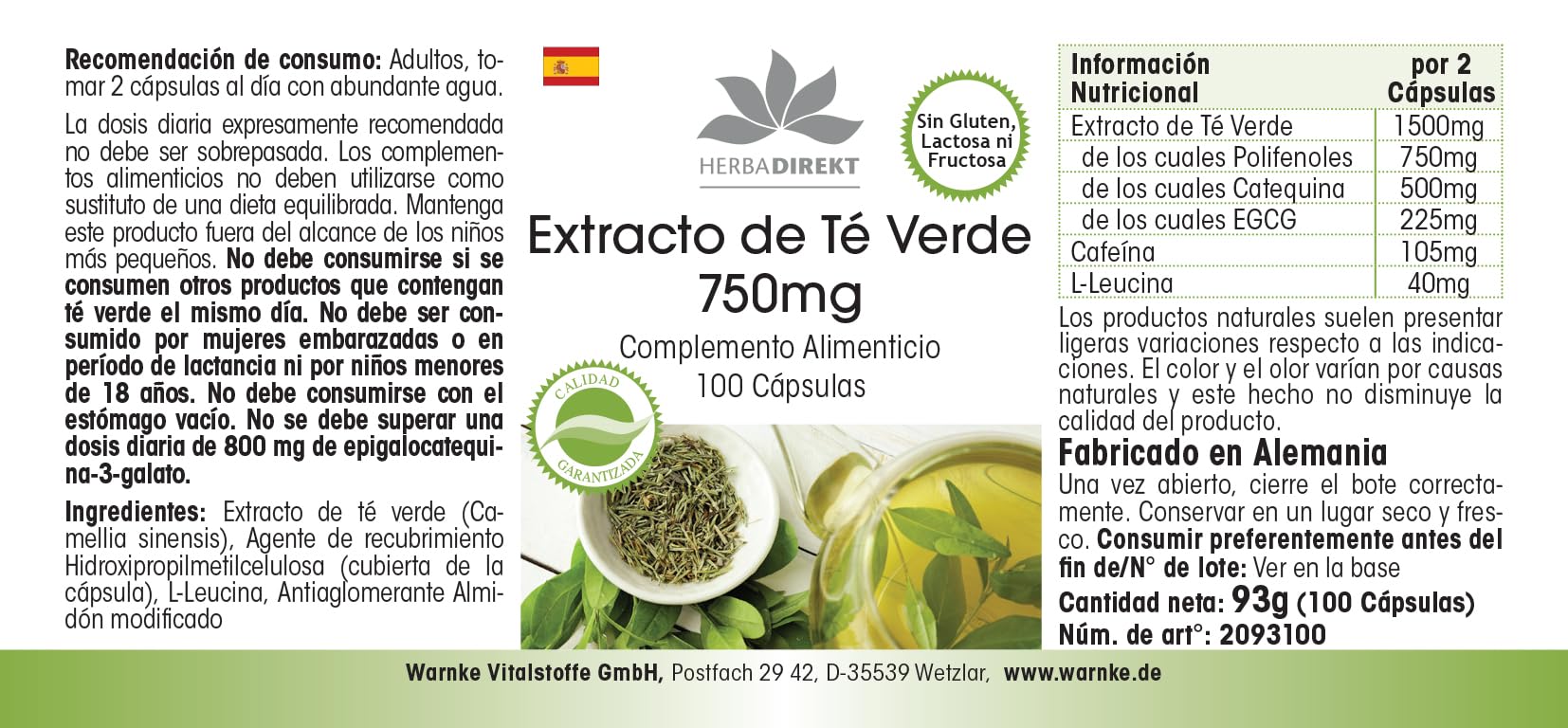 Estratto di tè verde 750 mg capsule - 100 capsule - polifenoli - catechine - EGCG - caffeina - ad alto dosaggio - vegano | HERBADIREKT by Warnke Vitalstoffe - Qualità farmaceutica tedesca