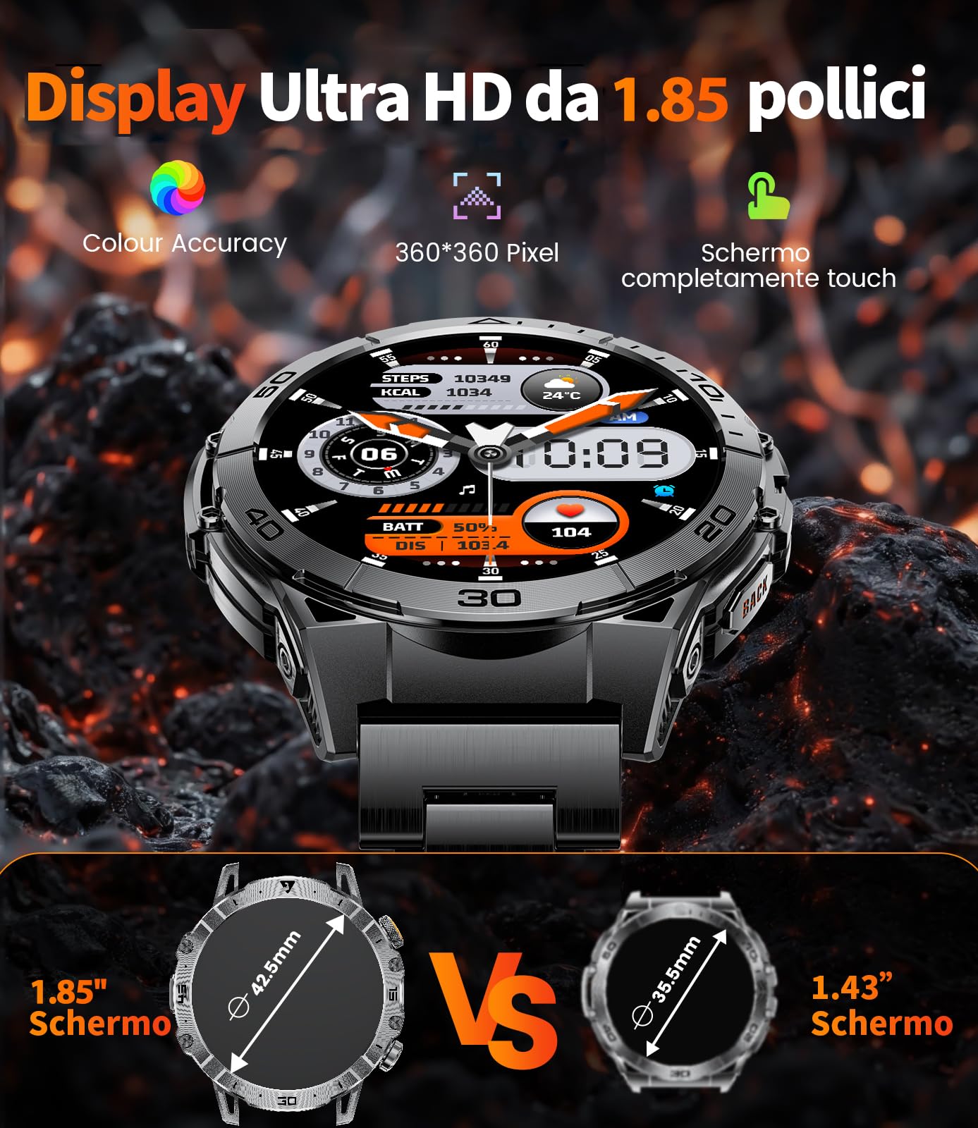 Smartwatch Uomo 1,85'' Display HD, Torcia LED, Batteria 1000mAh, 100+ Modalità Sport, IP68 Impermeabile, Cardiofrequenzimetro e Monitor Sonno, Bluetooth Android iOS, Nero
