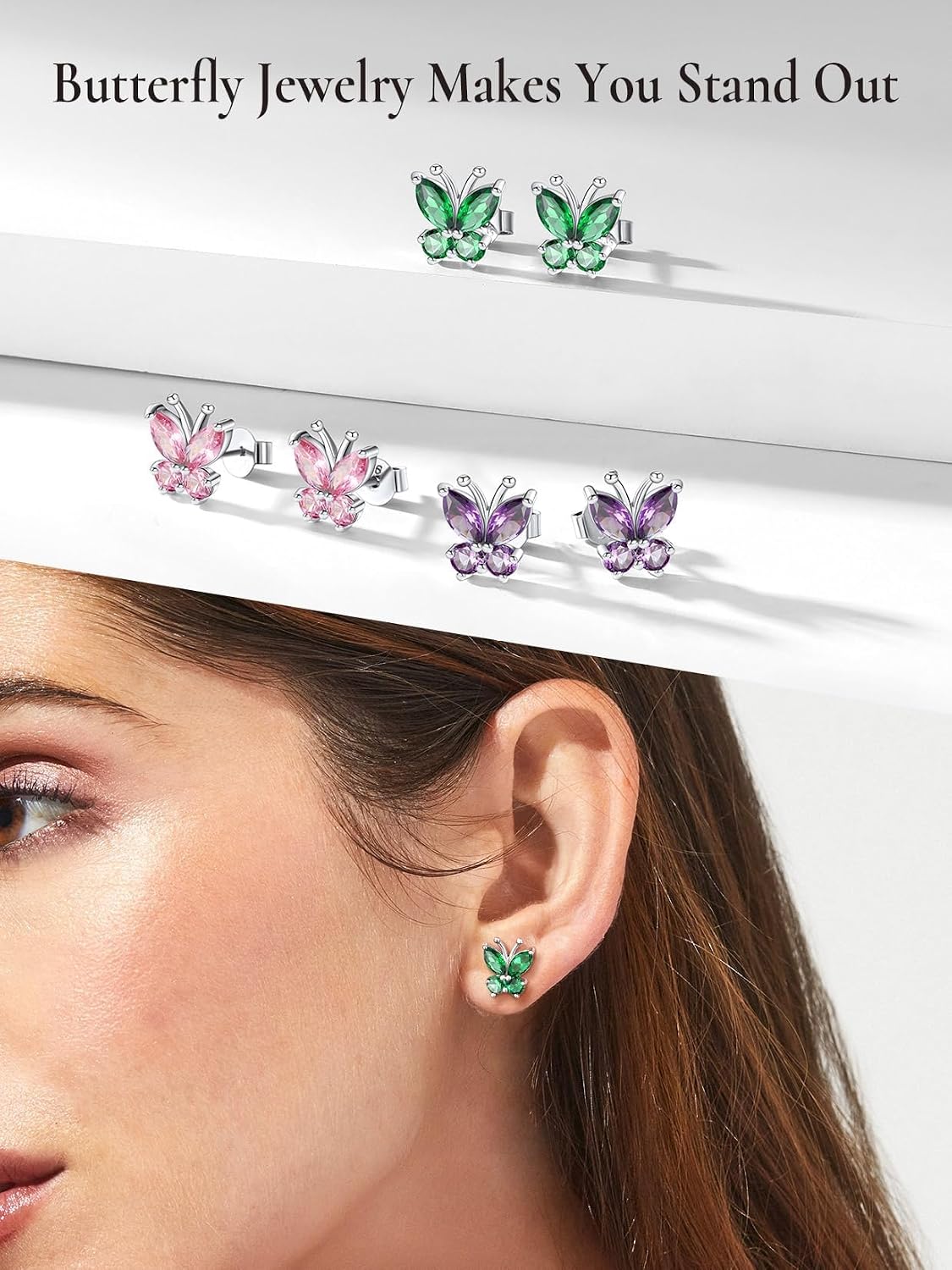SILVERCUTE 925 Sterling Silver Butterfly Earrings for Women,Butterfly Birthstone Stud Earring/Ear Cuffs,Hypoallergenic Birthday Earrings for Women