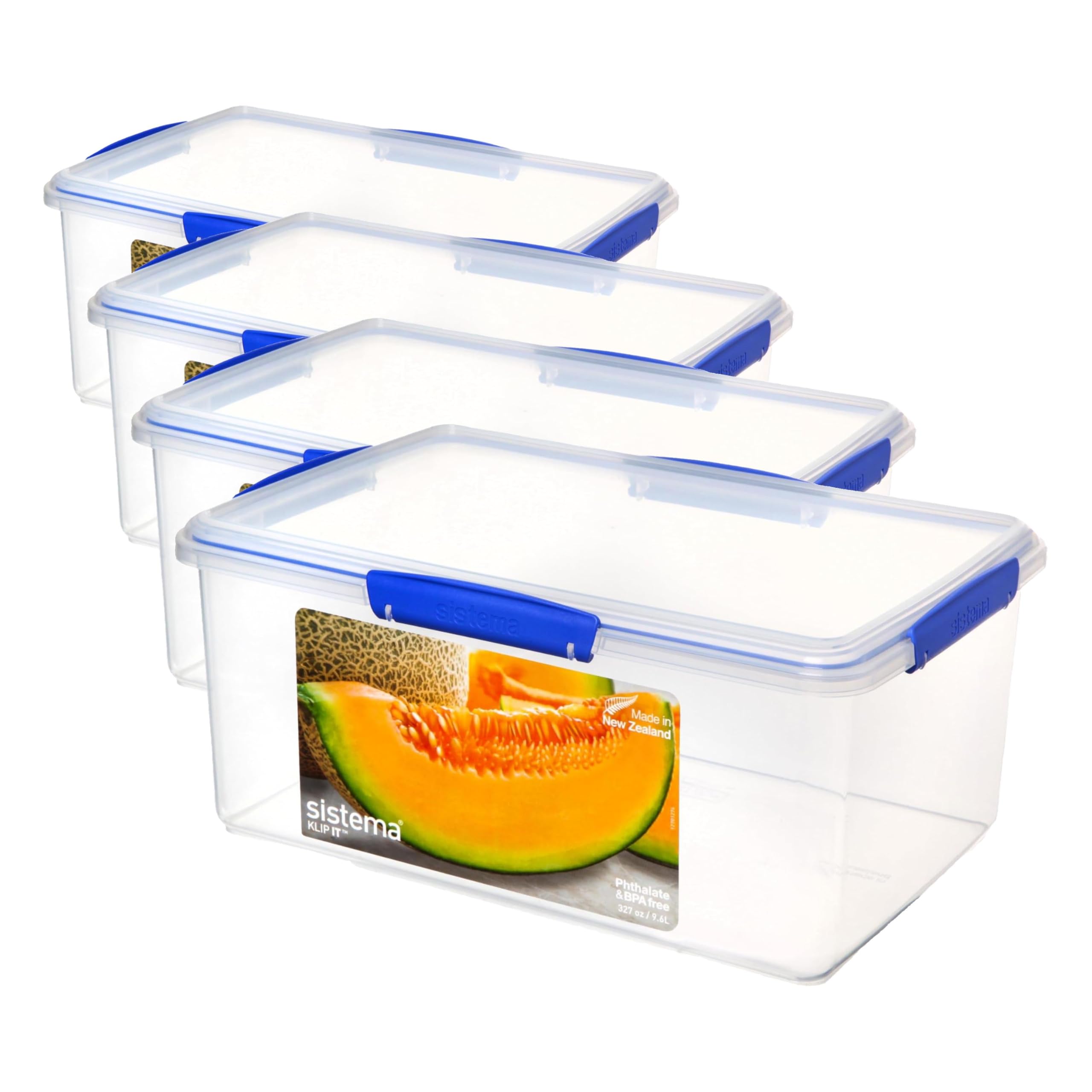 Sistema KLIP IT Frischhaltedose | 9,67 l | stapelbare und luftdichte Vorratsdose mit Deckel, geeignet für Kühl-/Gefrierschrank | BPA-freier Kunststoff | blaue Clips | 1 Stück (Packung mit 4)