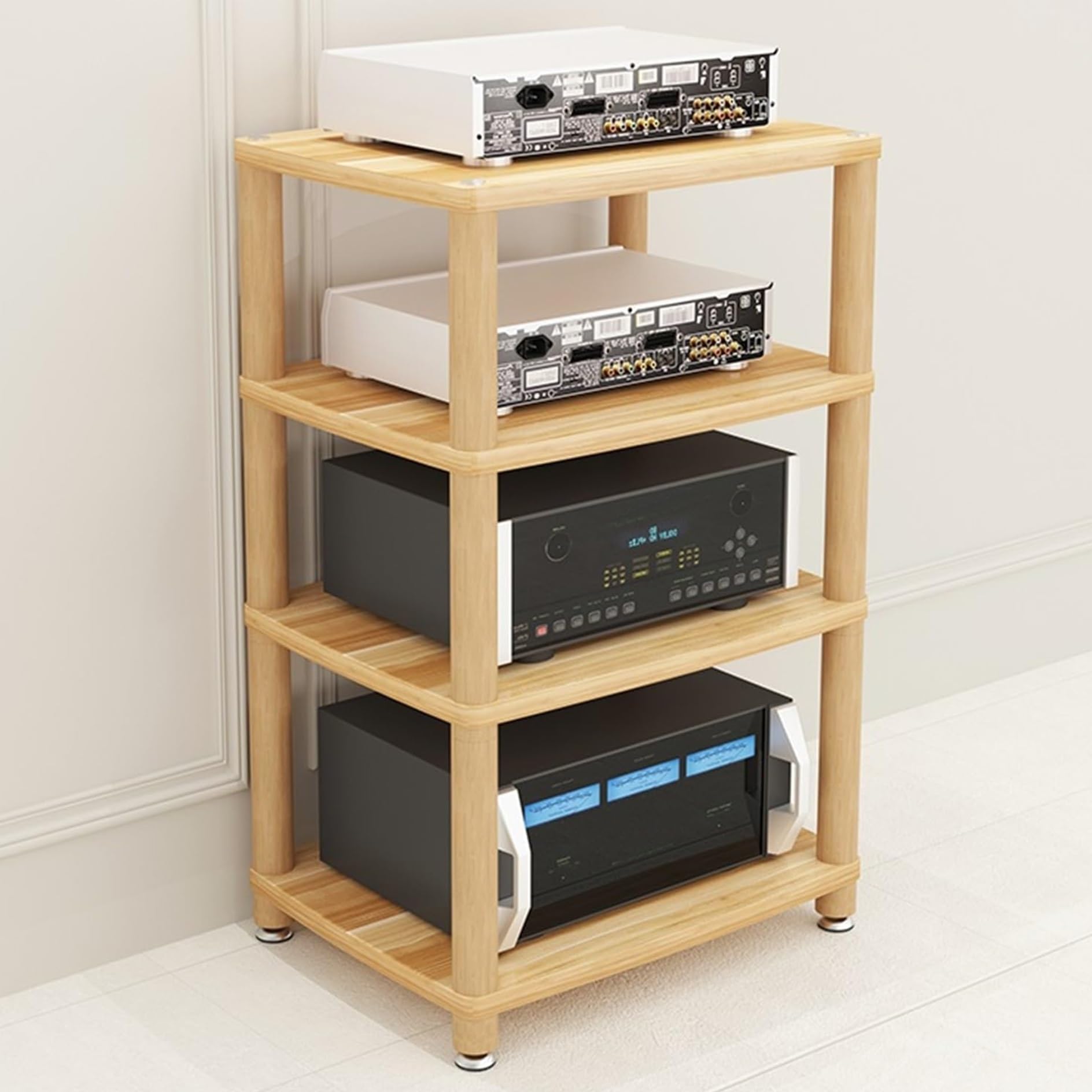 Teak Stojak audio stereo - 2/3/4-poziomowy stojak multimedialny AV, stojak na konsole do gier wideo, narożne centrum rozrywki, drewniany uchwyt Hi-Fi DVD i półka na odtwarzacz płyt do salonu