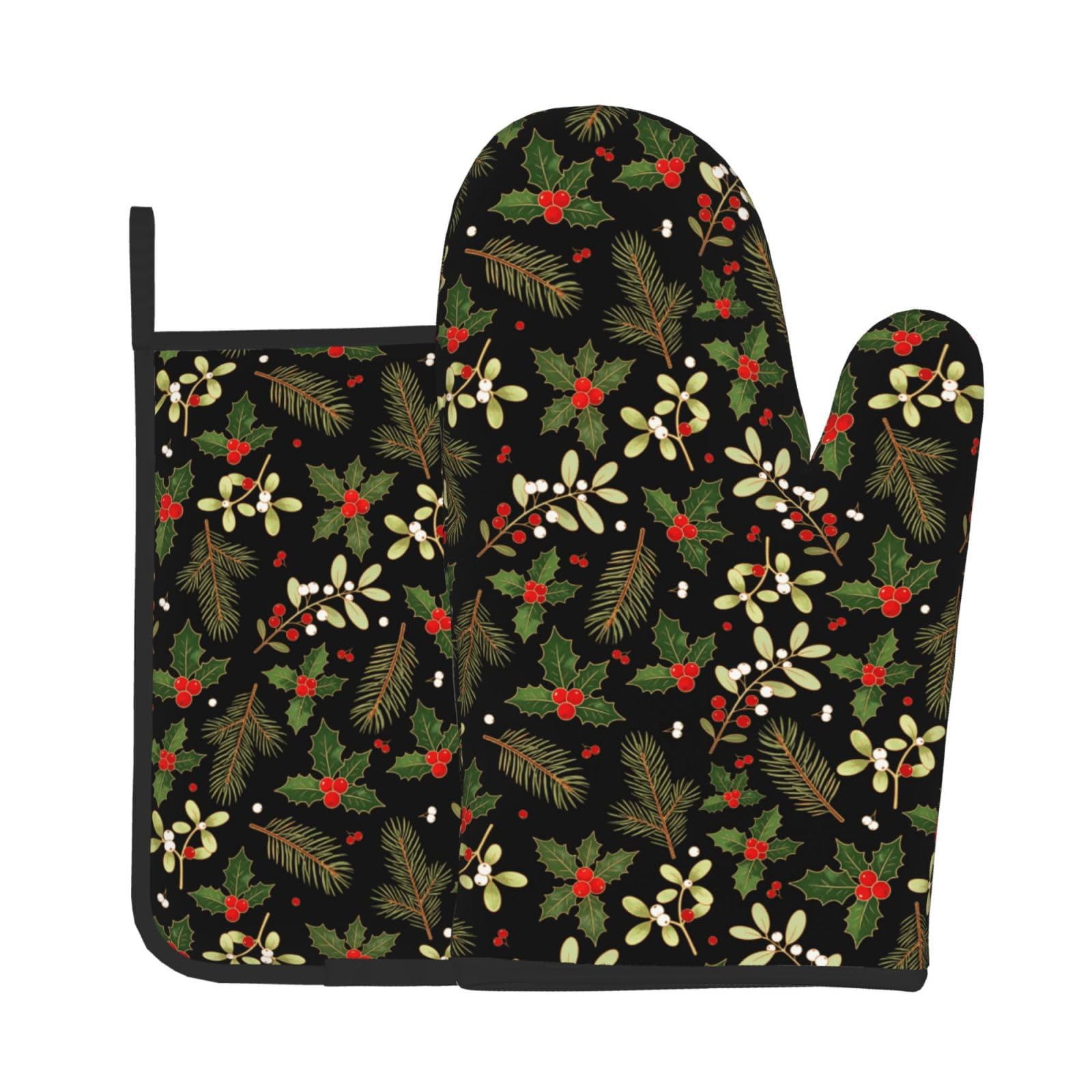 Christmas Holly Oven Mitt and Pot Holder Set Heat Resistant Kitchen Decor
