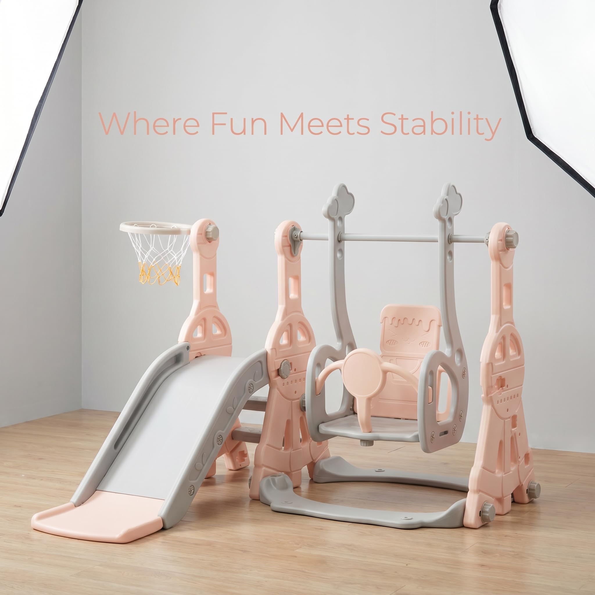 Toboggan Enfant 4 en 1,Toboggan Enfant avec Balançoire,Glissière de Jardin pour L'intérieur et L'extérieur,avec Échelle, Balançoire et Cadre de Basket - Ball, Rose