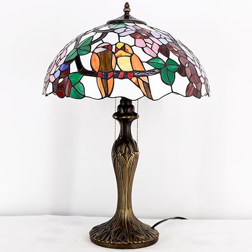 Miniatura 2 de WERFACTORY Lámpara de mesa estilo Tiffany, doble pájaros, colorido, vitral, lámpara de noche de 16 x 16 x 24 pulgadas, luz de escritorio, base de