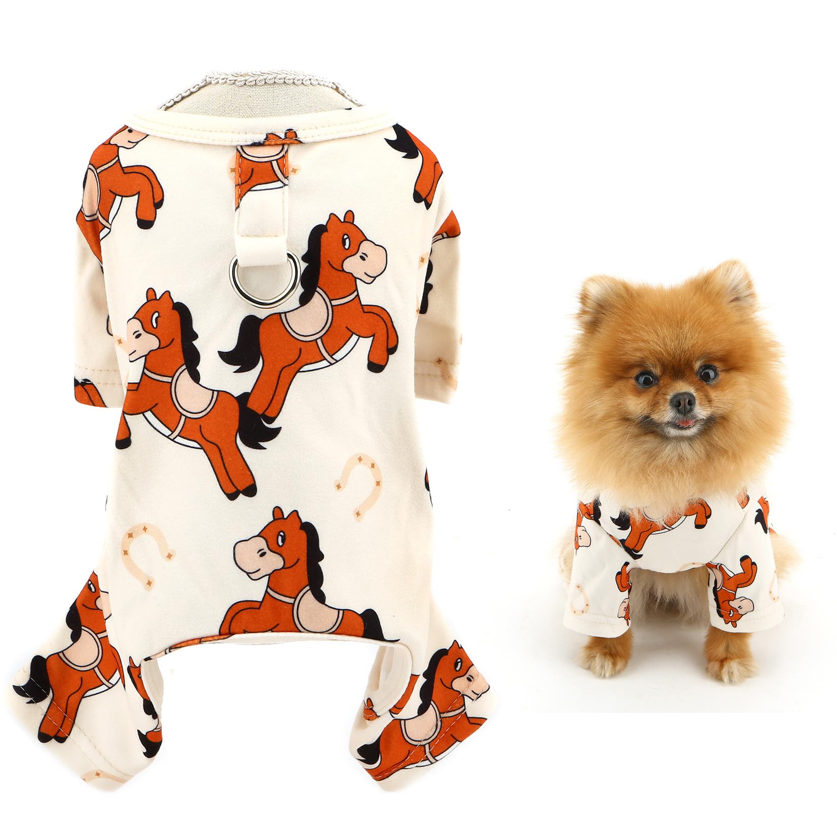 SMALLLEE_LUCKY_STORE Dog Pajamas for Small Dogs Pet Jumpsuit with D-ring and Cute Animal Printed Puppy Stretchable Pjs Summer Spring Chihuahua Yorkie Cat Clothes, Horse, XL