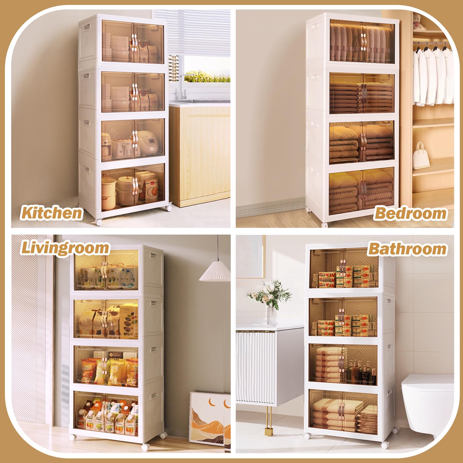ELPHECO Cajas de almacenamiento con tapa, armario plegable grande de 4 piezas, cajas de almacenamiento apilables con ruedas, organizador plegable de plástico, caja de plástico plegable para cocina (4