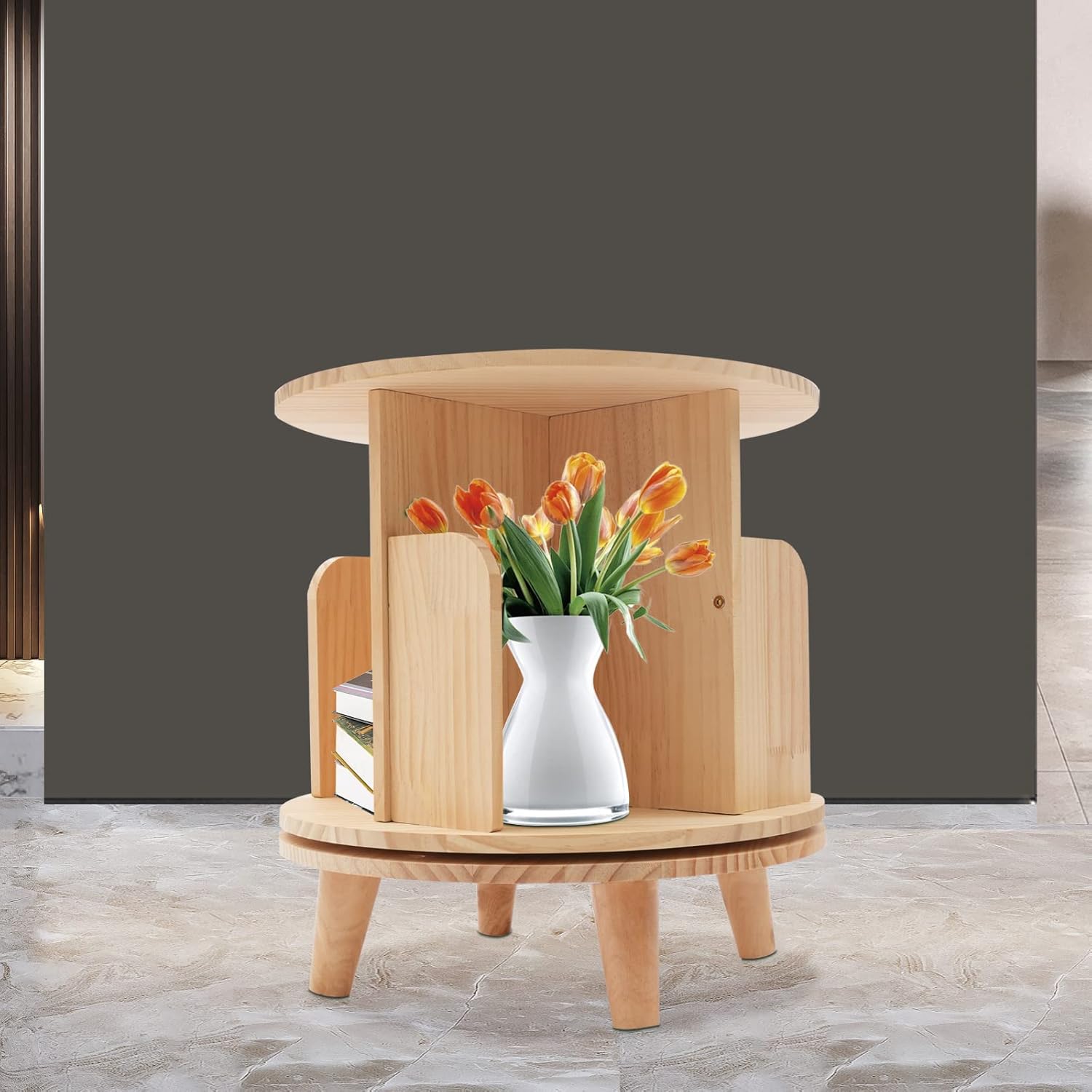 1 Tier Rotating Bookshelf Floor Standing Bookcase Storage Rack, 360 Display Corner Bookshelf for Kids & Adults, Wood Narrow Book Shelf Organizer for Bedroom, Living Room, Study Room
