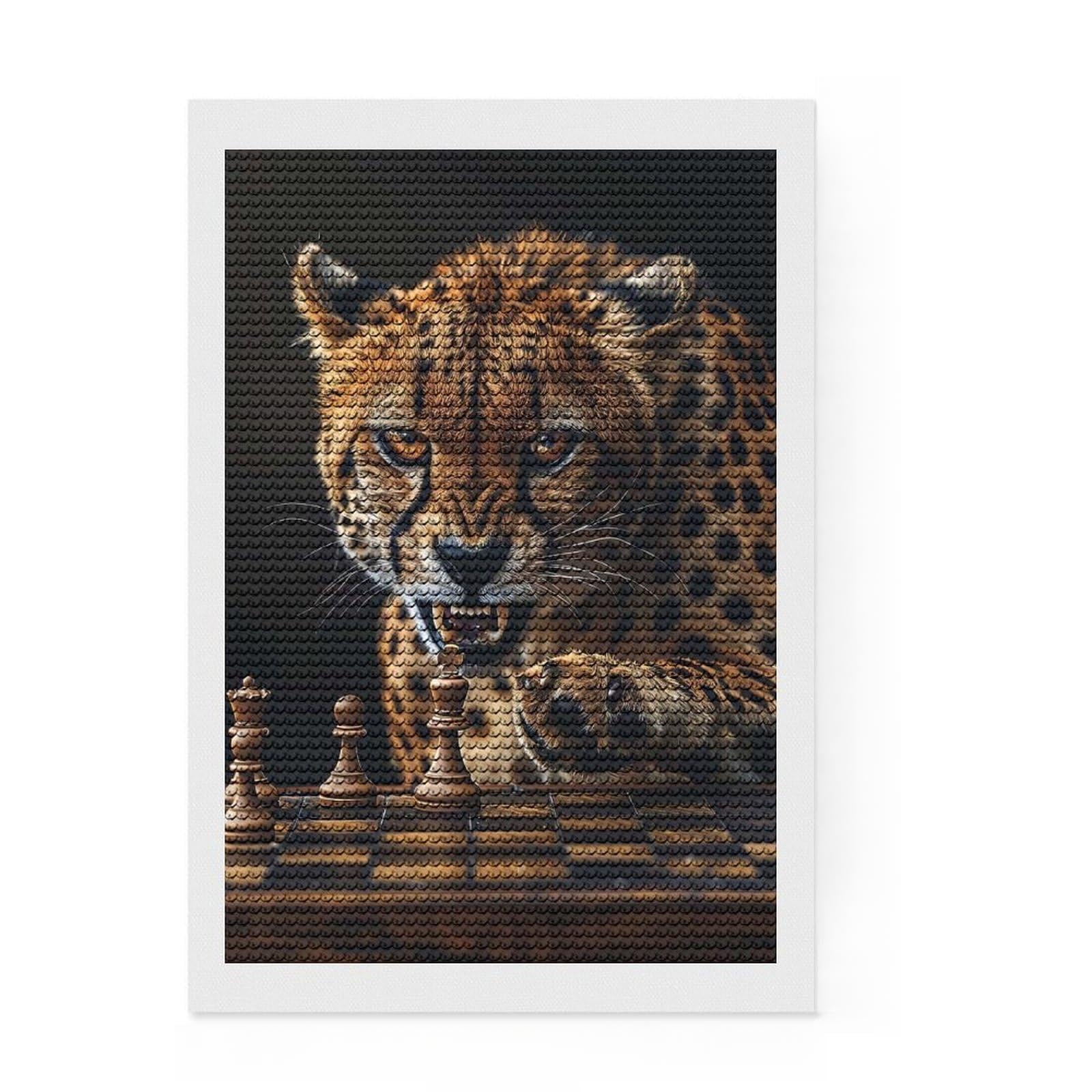 Junmoney Cheetah Chess Diamond Art Kit 8"x12", Office Decor, for Women, with Tool Kit, Gift Idea, Stress Relief Craft, Adhesive Canvas