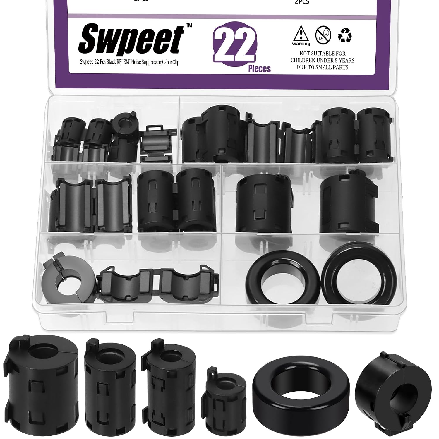 Swpeet 22Pcs 6Sizes Grey Clip-on Ferrite Ring Core with Toroid Core Assortment Kit, RFI EMI Noise Suppressor Cable Clip for 7/9/11/13/15/42 * 24 * 16mm Diameter HDMI USB Cable