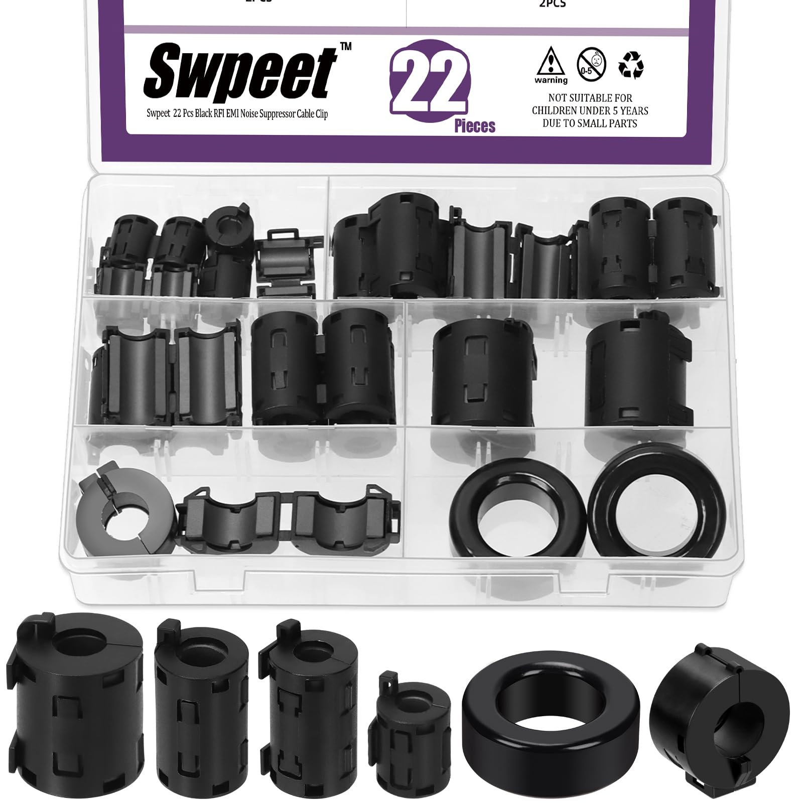 Swpeet 22Pcs 6Sizes Black Clip-on Ferrite Ring Core with Toroid Core Assortment Kit, RFI EMI Noise Suppressor Cable Clip for 7/9/11/13/15/42 * 24 * 16mm Diameter HDMI USB Cable?