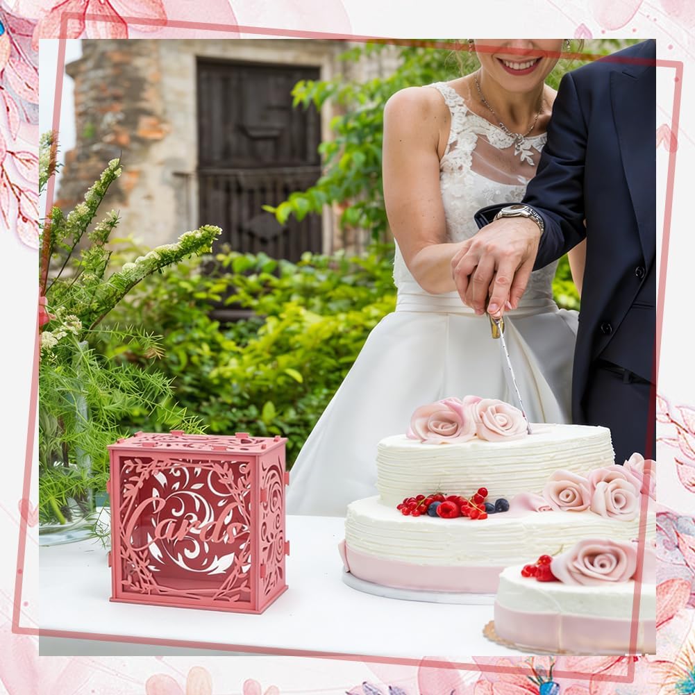 NBEADS 1Set Pink Wedding Card Box with Acrylic Window for Wedding Reception, 10.9x5.9x10.6 Inch Hollow Floral Carved Cards Holder with Clear Window, for Anniversary Bridal Shower Party Decor