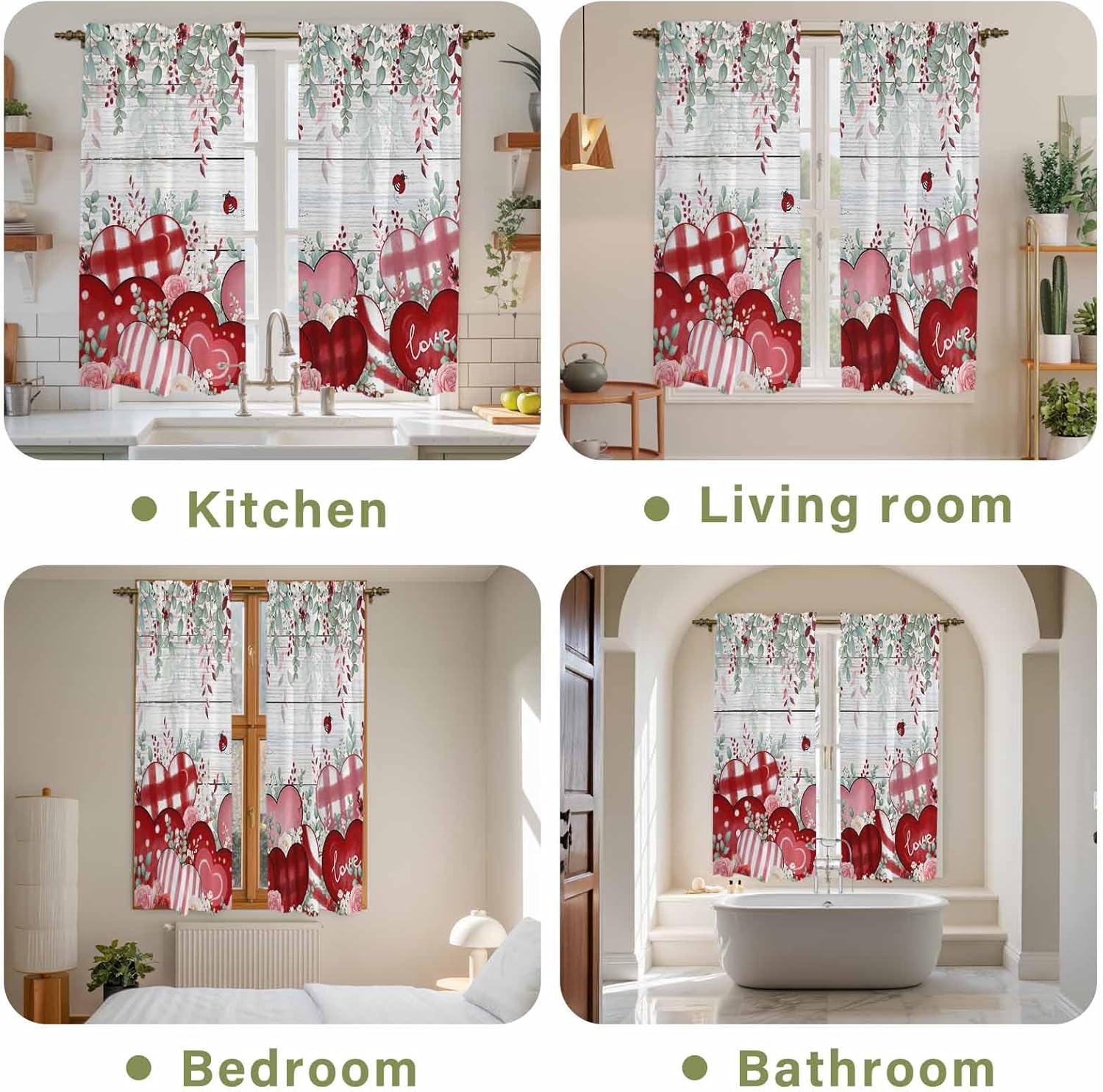 Love Heart Valentine's Kitchen Curtains, Eucalyptus Botanical Red Pink Vintage Light Filtering Window Curtain, 2Pcs Rod Pocket Window Treatments Set for Living Room Bathroom Bedroom 42x63 Inches