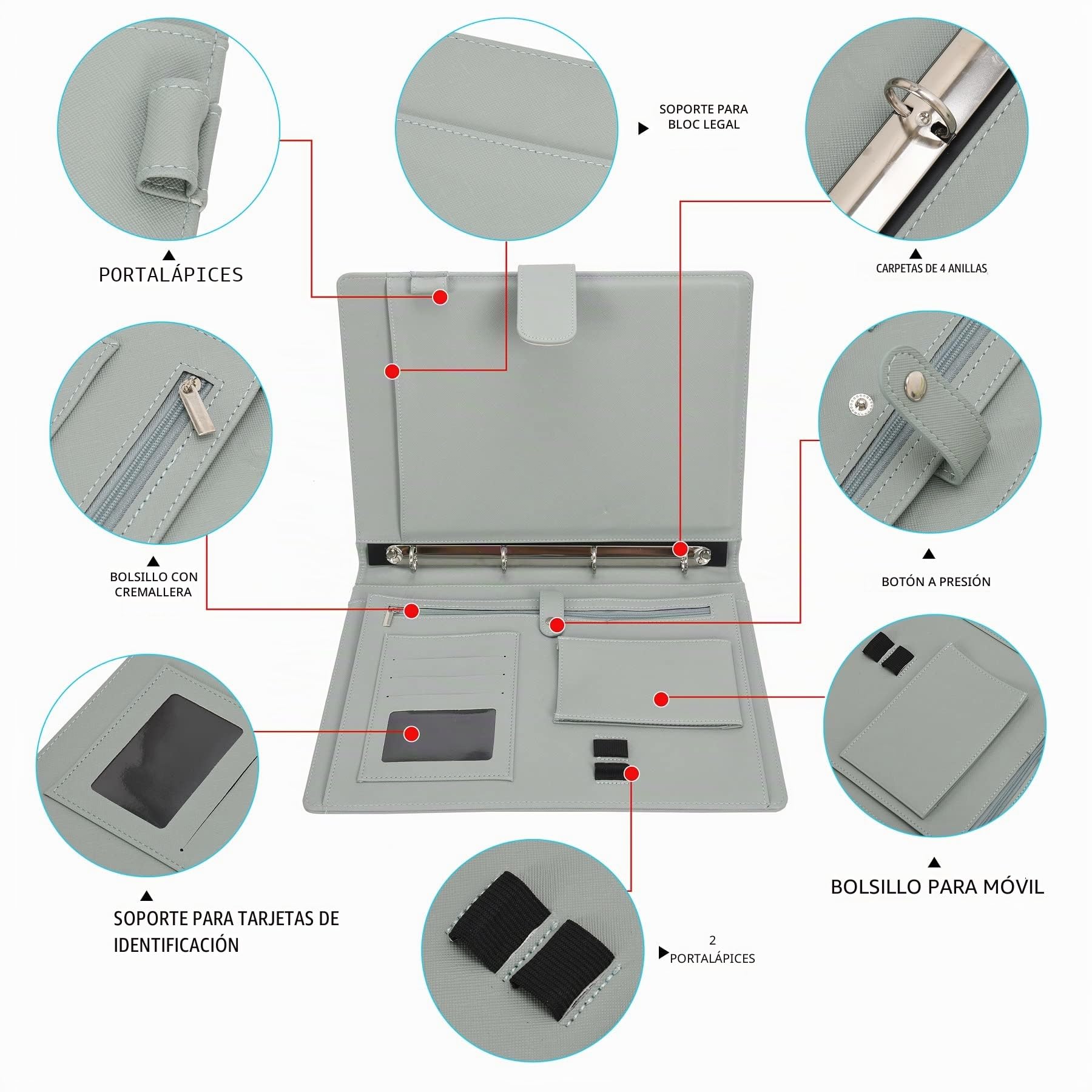 Wonderpool A4 PU Cuero 4 Anillos Combo de Escritura de Documentos Múltiples con Portapapeles Extraíble y Bolsillo Funcional para Organizador Oficina Viajes Escuela (Verde)