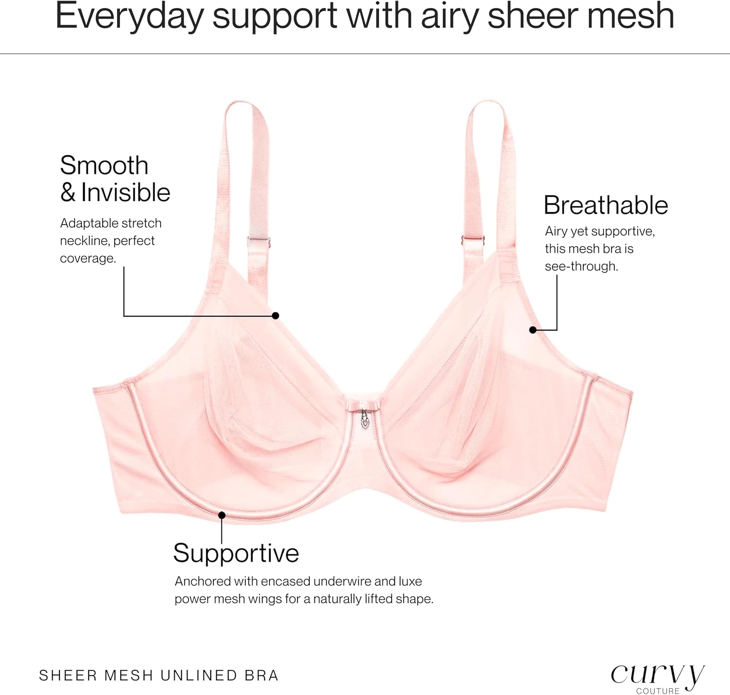 Curvy Couture Womens Sheer Mesh Full-Coverage Unlined Underwire Bra - Image 7