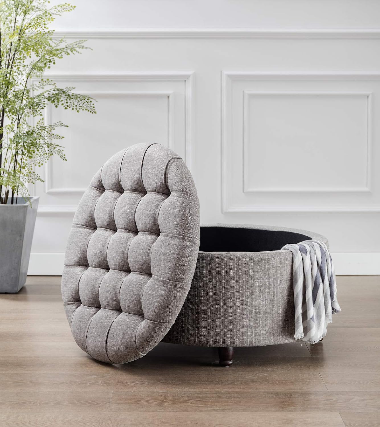 Wovenbyrd Classic 28-Inch Wide Button Tufted Round Storage Ottoman Footstool with Lift Off Lid, Grey