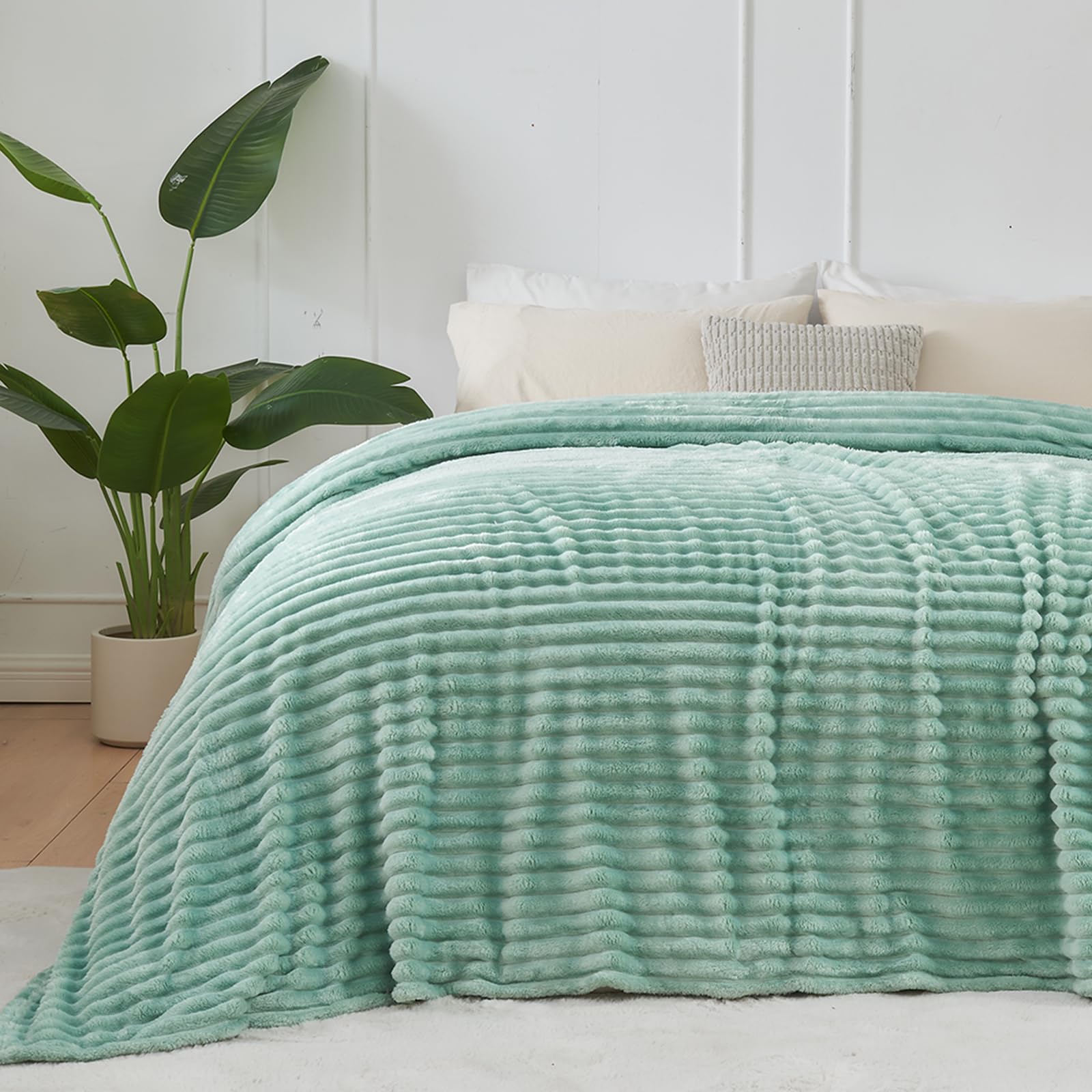 NEWCOSPLAY Super Soft King Blanket New Sage Green Premium Silky Flannel Fleece 3D Ribbed Jacquard Lightweight Bed Blanket All Season Use (New Sage Green Ribbed, King(90"x110")) — image 1