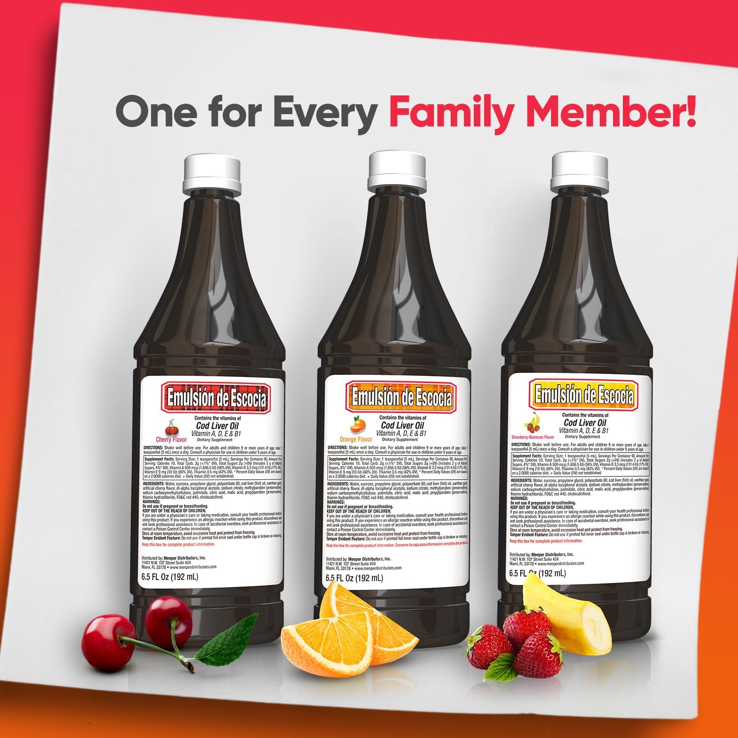 Emulsion de Escocia Cod Liver Oil Liquid for Kids – Cherry, Orange & Strawberry Banana – Omega 3, Vitamins A, D, E & B1 – Dietary Supplement – 6.5 Fl Oz | 3-Pack