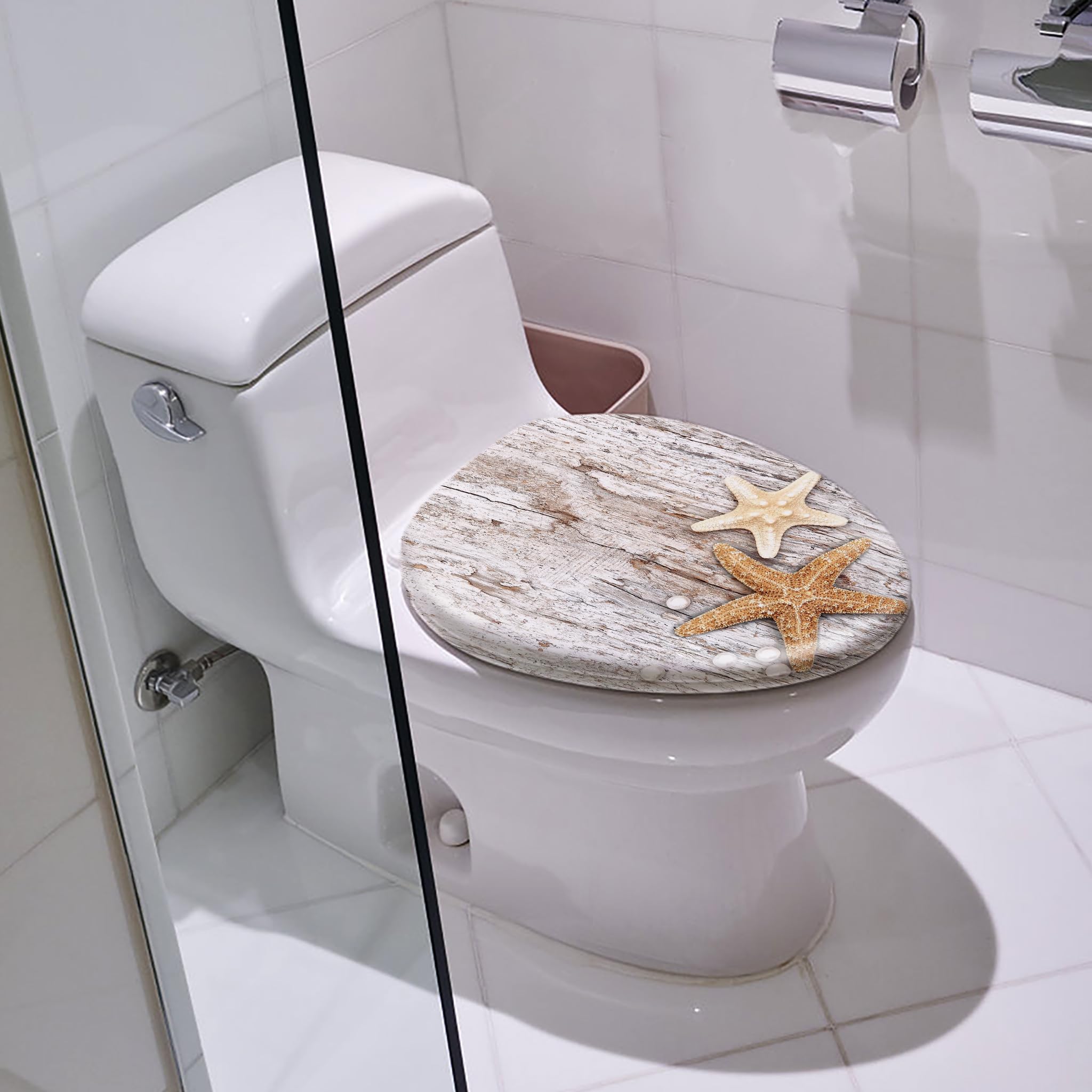 HENGMEI Tapa de inodoro con sistema de descenso automático Asiento de inodoro Asiento del WC Klodeckel Klobrille de plástico duro, 45 x 38 cm, Estrella de mar perlada