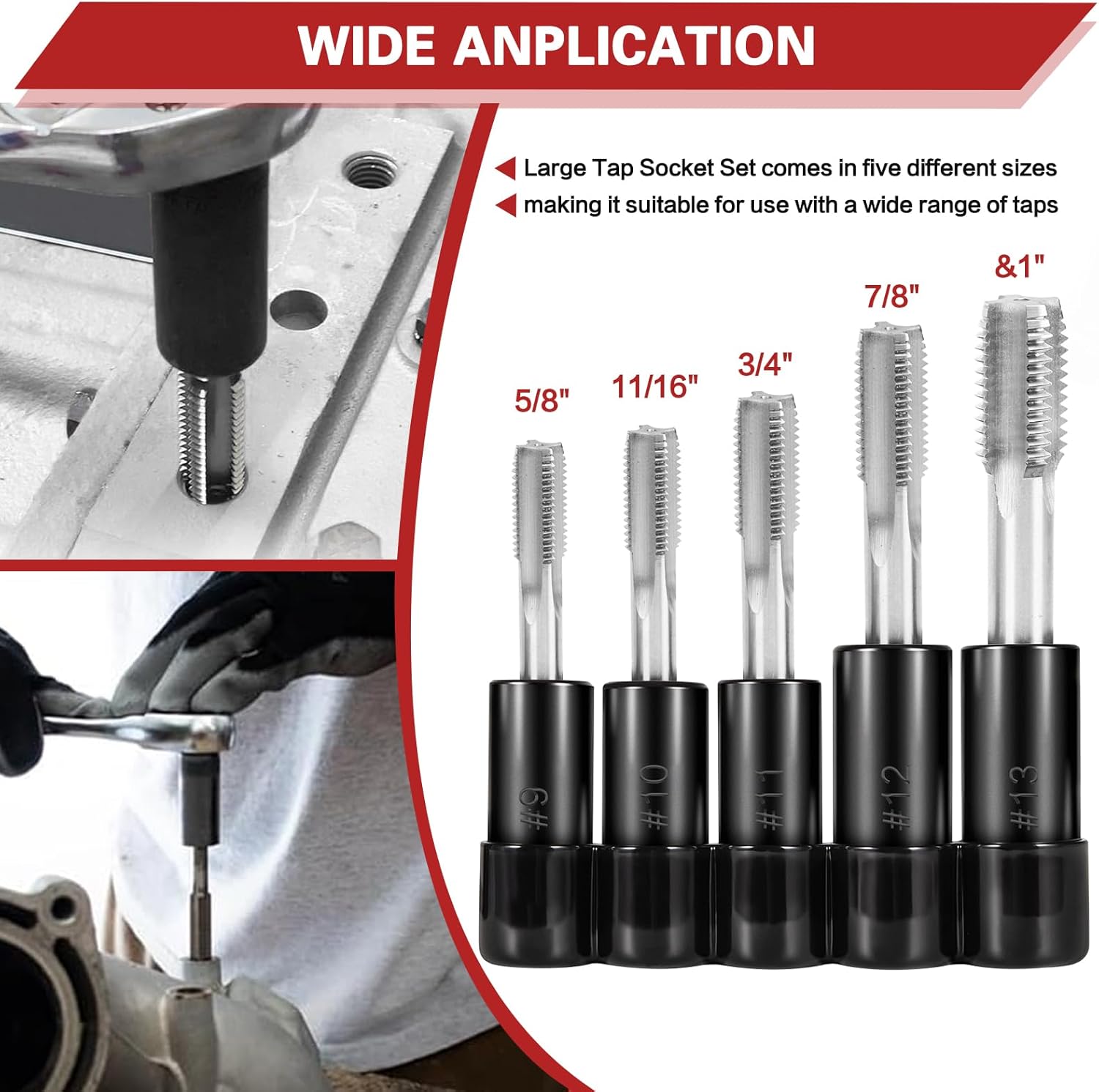 71670 Tap Socket Set, 5Pcs Fits 5/8", 11/16", 3/4", 7/8", 1" Standard Taps, 1/2" Drive Tap Socket Adapter for Large Tap and Die Set, Compatible with M.C.T.I. Metric and Standard Taps