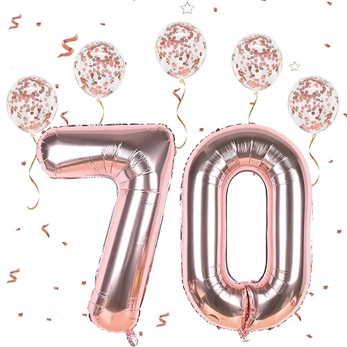 Globos de número 70, oro rosa, globos grandes de cumpleaños del número 70 de 40 pulgadas con globos de confeti de oro rosa, globo de número de helio