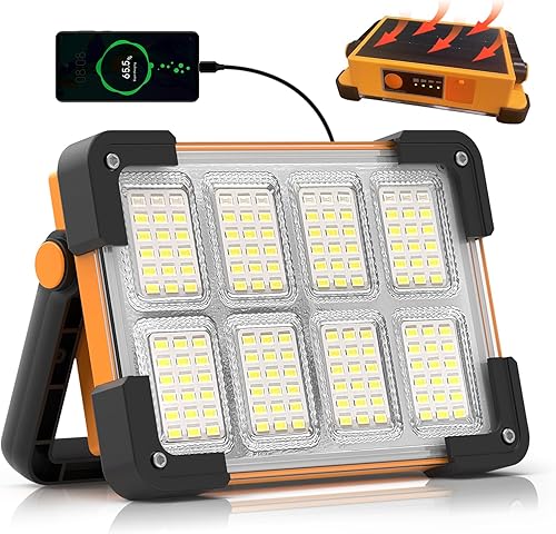 Luz de trabajo solar recargable de 120 W, 144 LED 10000LM luz de trabajo LED con 4 modos, luz de inundación portátil con soporte, luz de trabajo al