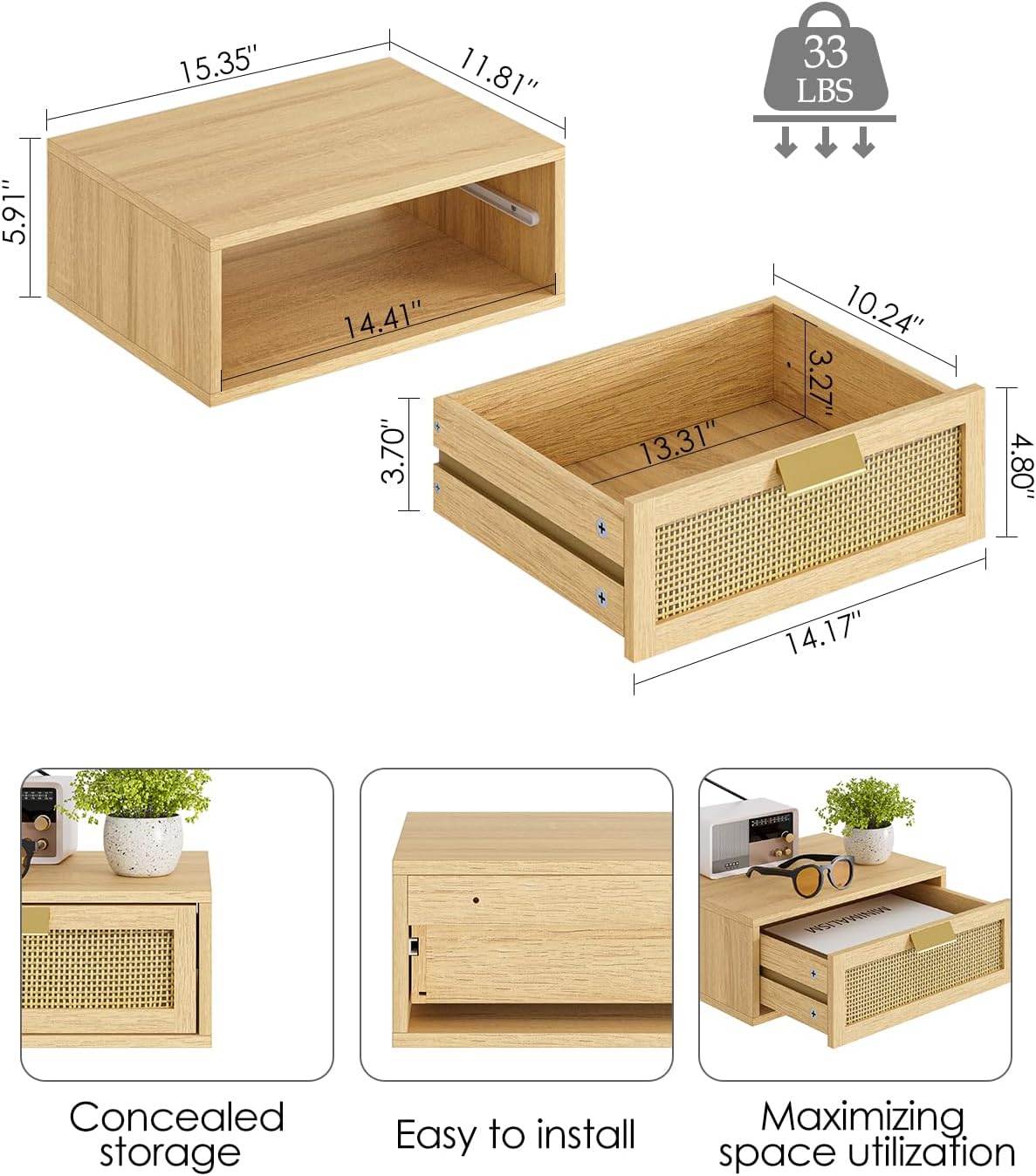 floating nightstand oak rattan - drawer open