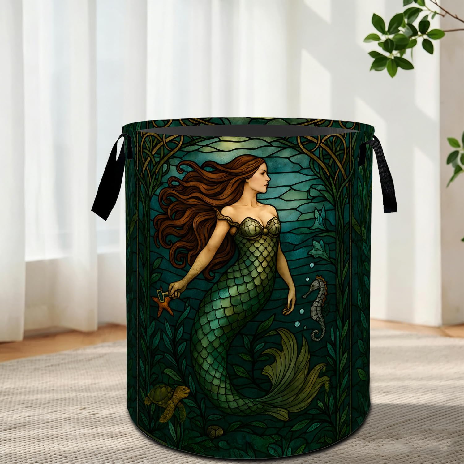Vintage Mermaid Laundry Basket with Handles,Fantasy Ocean Fish Round Waterproof Clothes Storage Baskets,Collapsible Bin for Bedroom Bathroom Dorm Gifts Mystical Gothic Decor 19.7x15.7 Inch