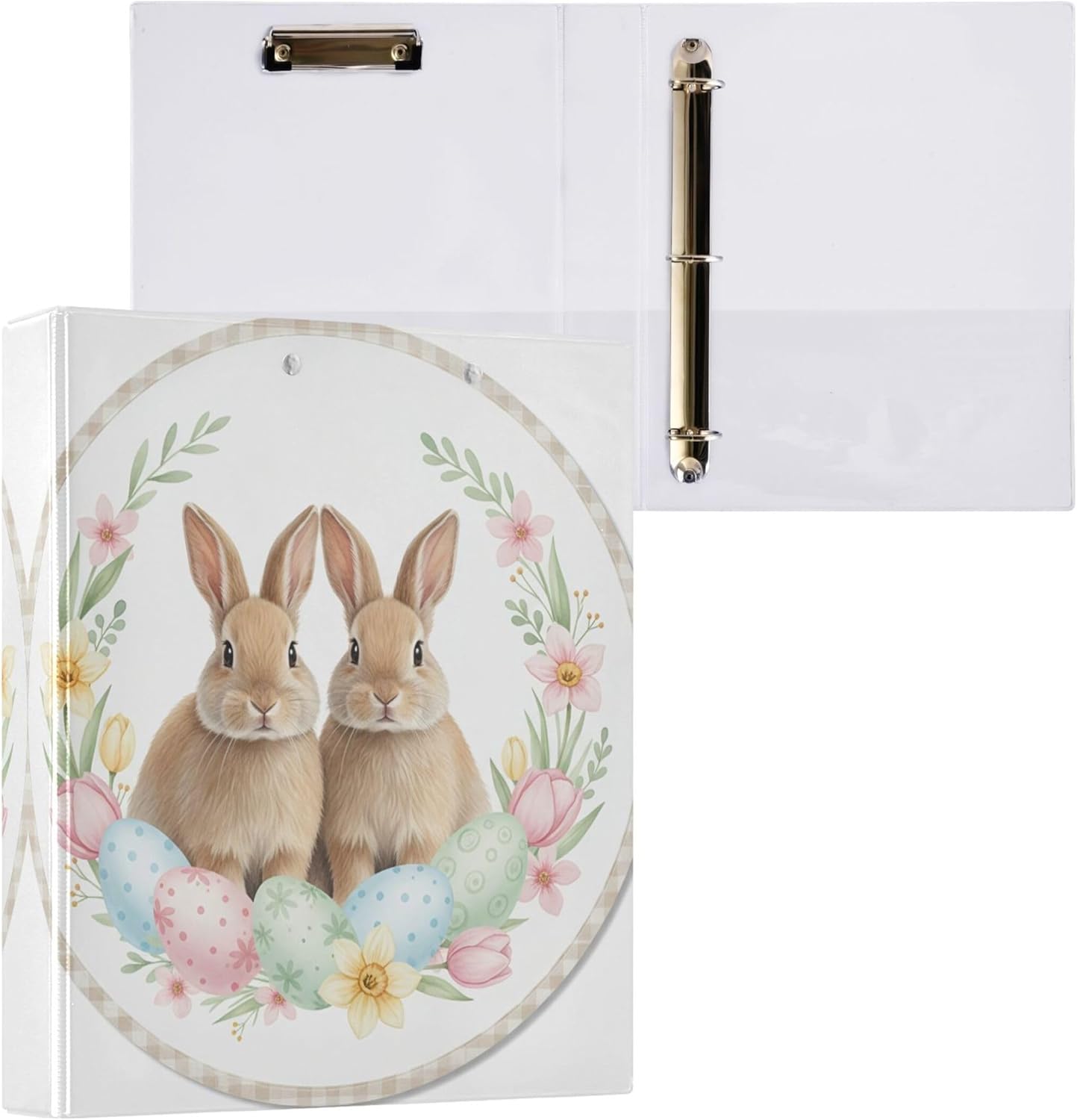 Happy Easter Bunny Eggs 3 Ring Binders, 1.5” Round Ring Binders with Clipboard - Letter Size, 3 Interior PVC Clear Pockets & Anti-Slip Clip for Office School Supplies, 2PCS