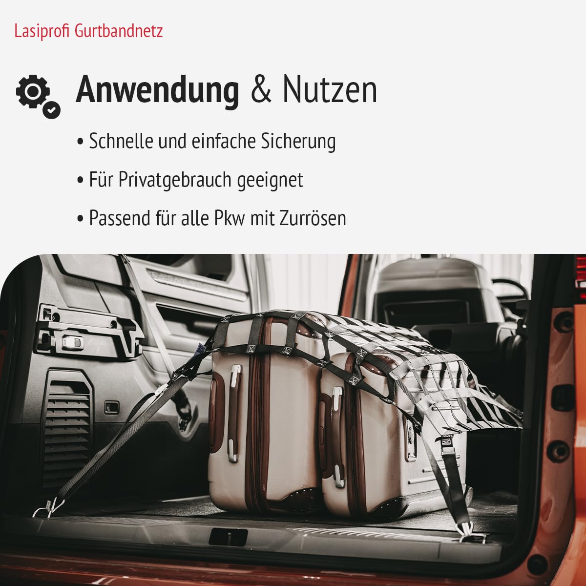 PKW Ladungssicherungsnetz aus Gurtband | Praktisches Gepäcknetz für das Auto | Ideal für sicheren Transport | Größe: 880x880mm | Farbe: schwarz